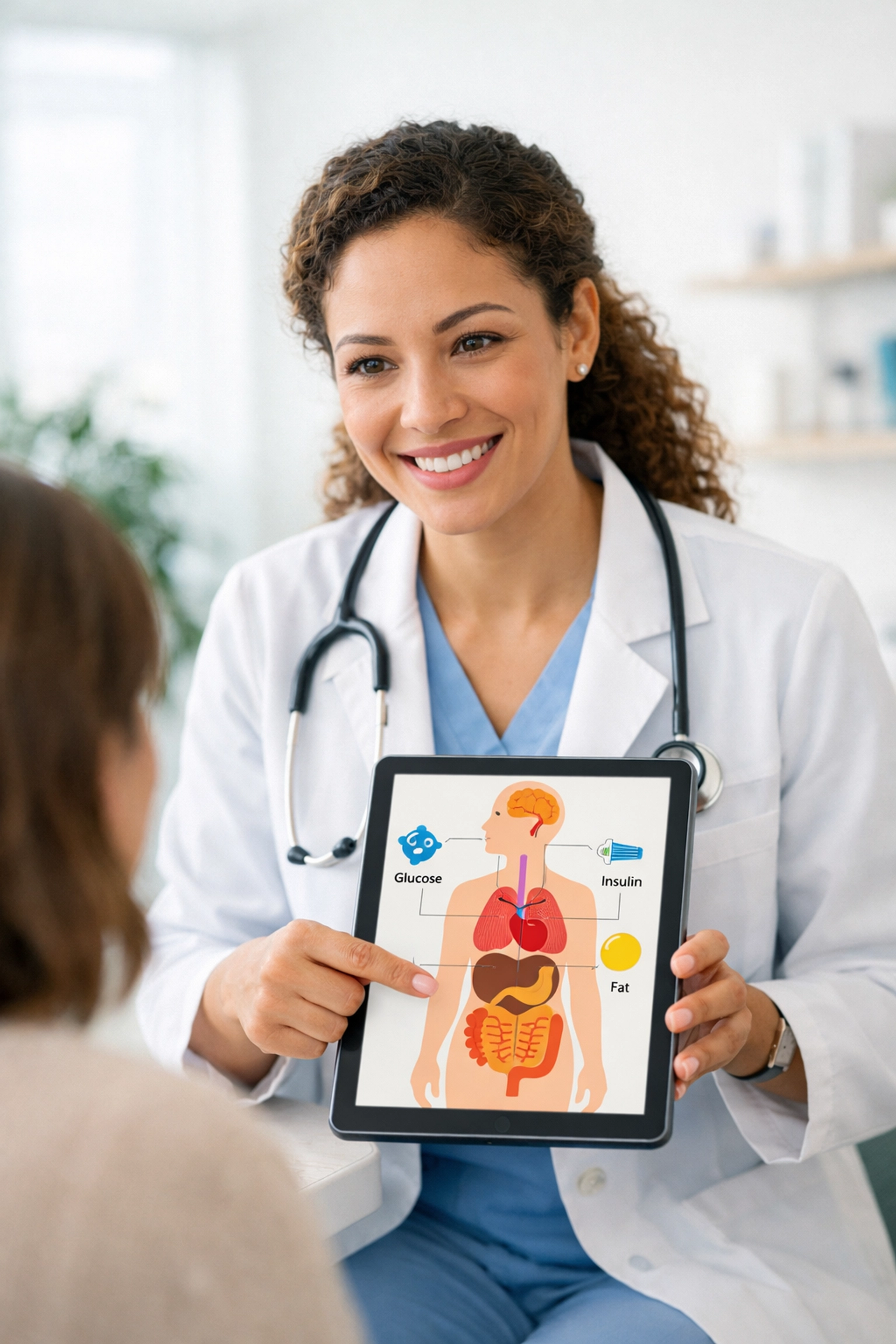 Licensed medical provider explaining Tirzepatide weight loss benefits to a patient on a digital tablet.