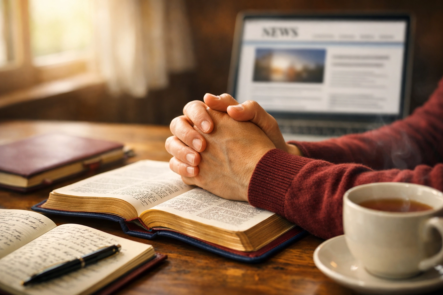 Hands folded in prayer over open Bible with laptop showing news in background