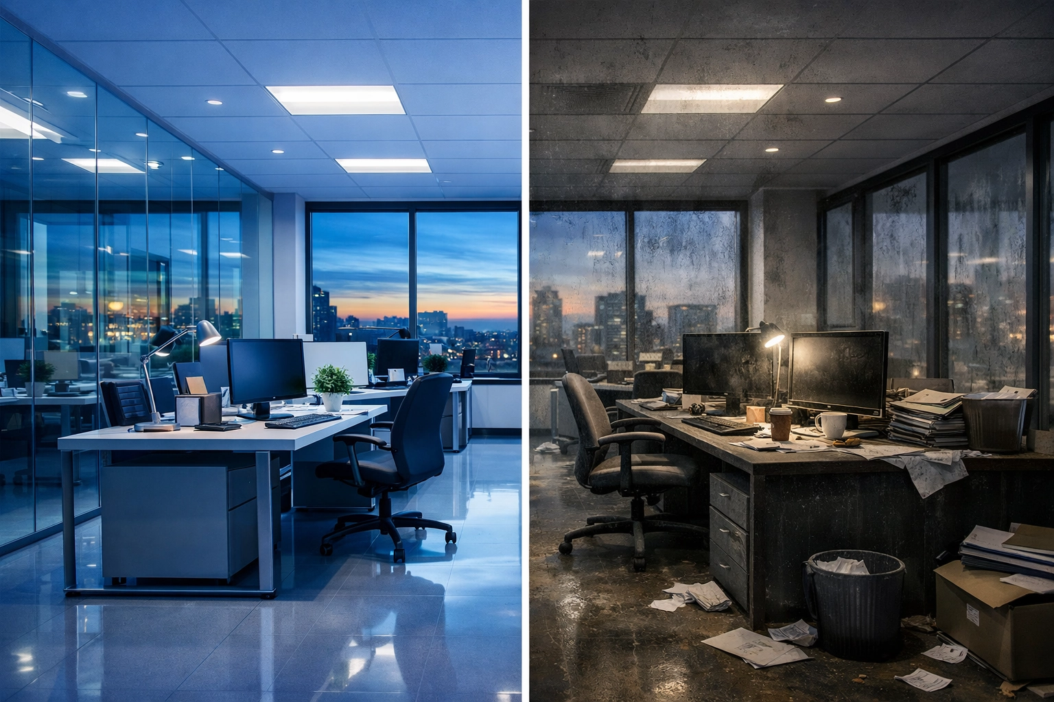 Split view comparison showing pristine office space versus neglected workspace with poor cleaning standards