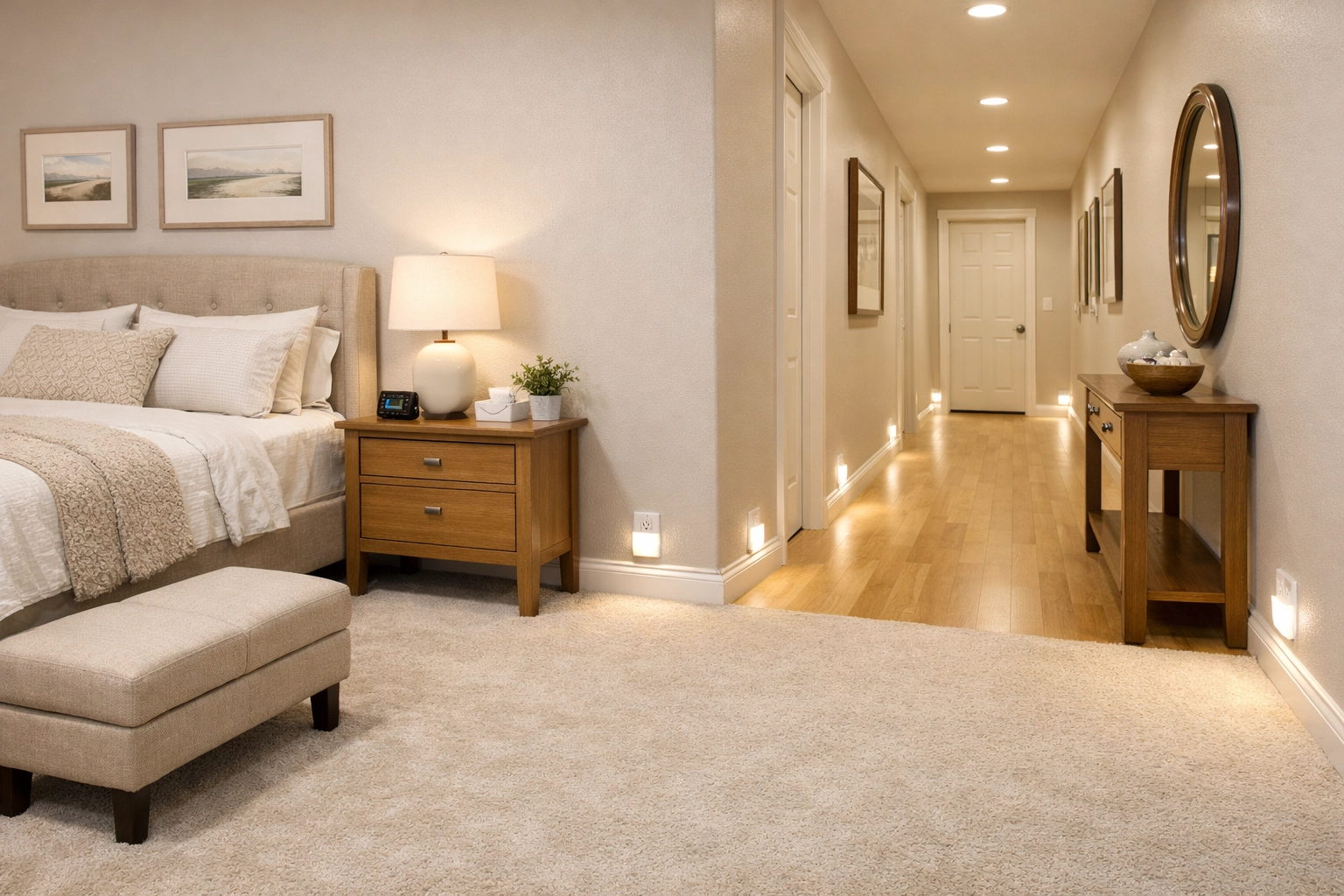 Motion-sensor nightlights illuminating a clear hallway path for senior home fall prevention.