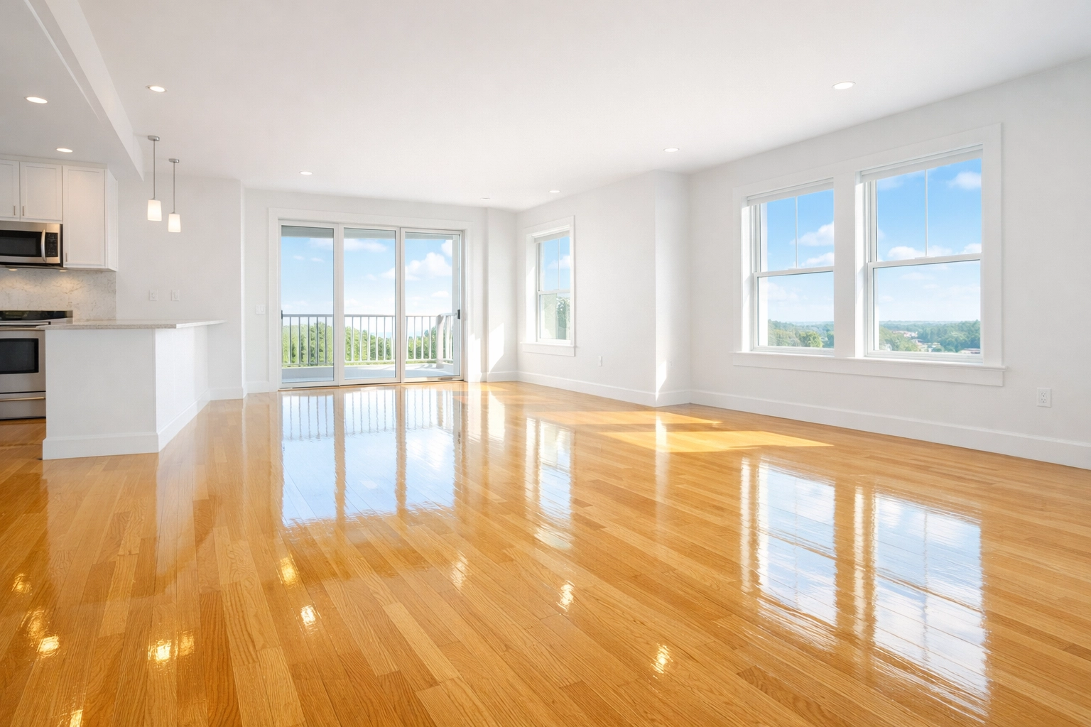 Pristine hardwood floors after professional move-out deep cleaning services in a Boston area apartment.