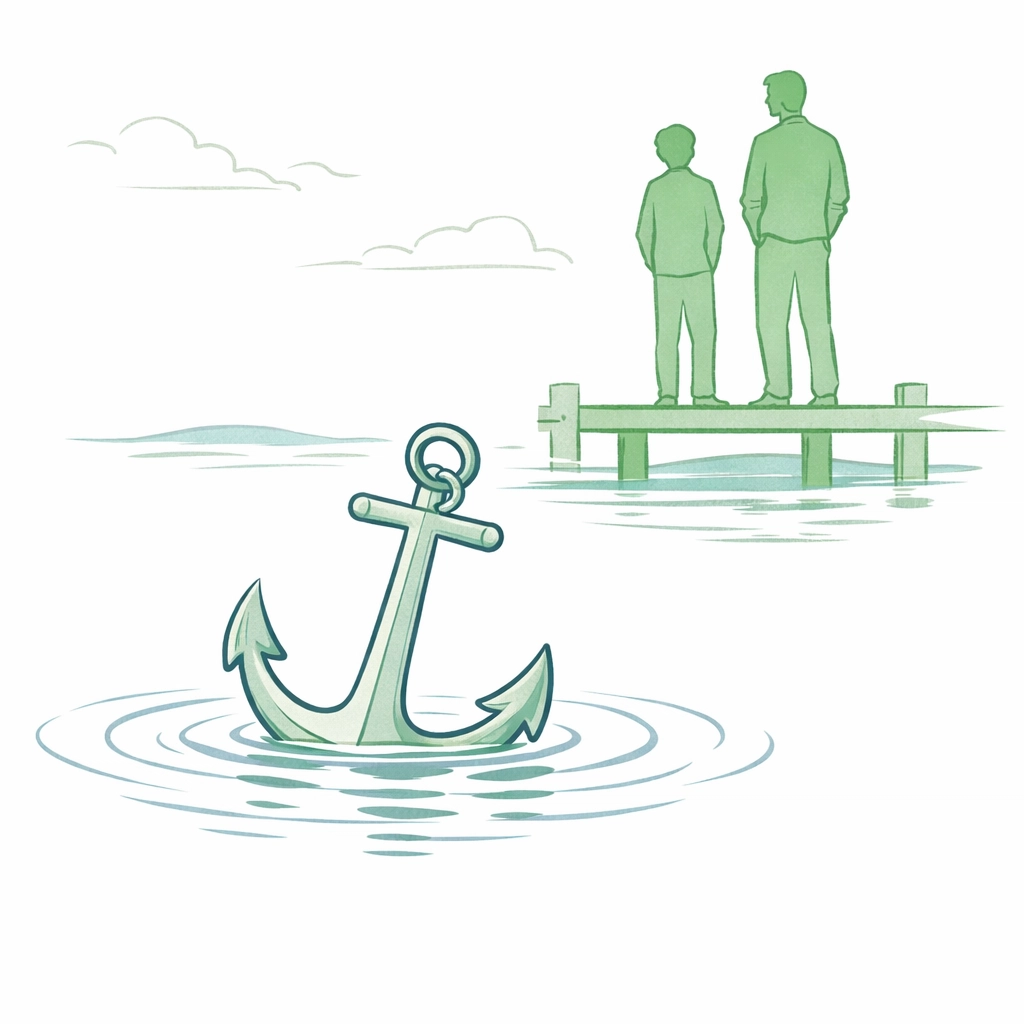 Anchor symbolizing stability with step-father and son on dock in LGBTQ+ blended family