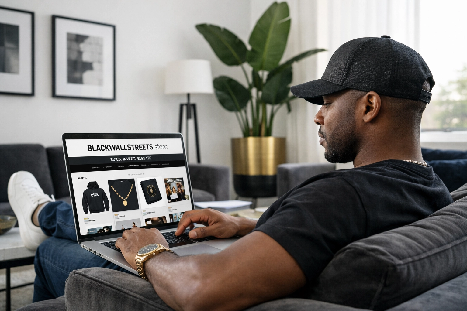 Stylish man using a laptop to browse Black-owned fashion on the Black Wall Streets e-commerce marketplace.