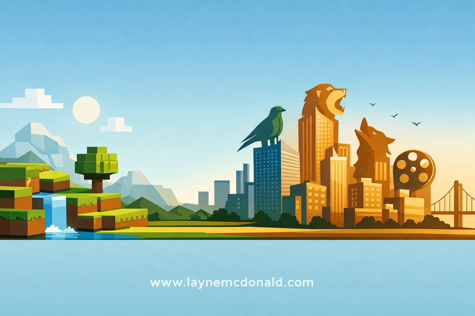 Minecraft voxels and a city skyline for Christian family movie reviews from Layne McDonald.