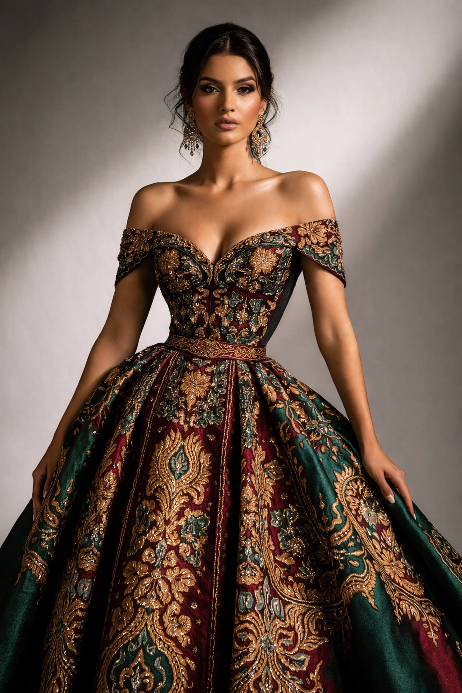 Latina model in luxury haute couture gown with traditional Latin American embroidery, symbolizing cultural heritage in fashion.