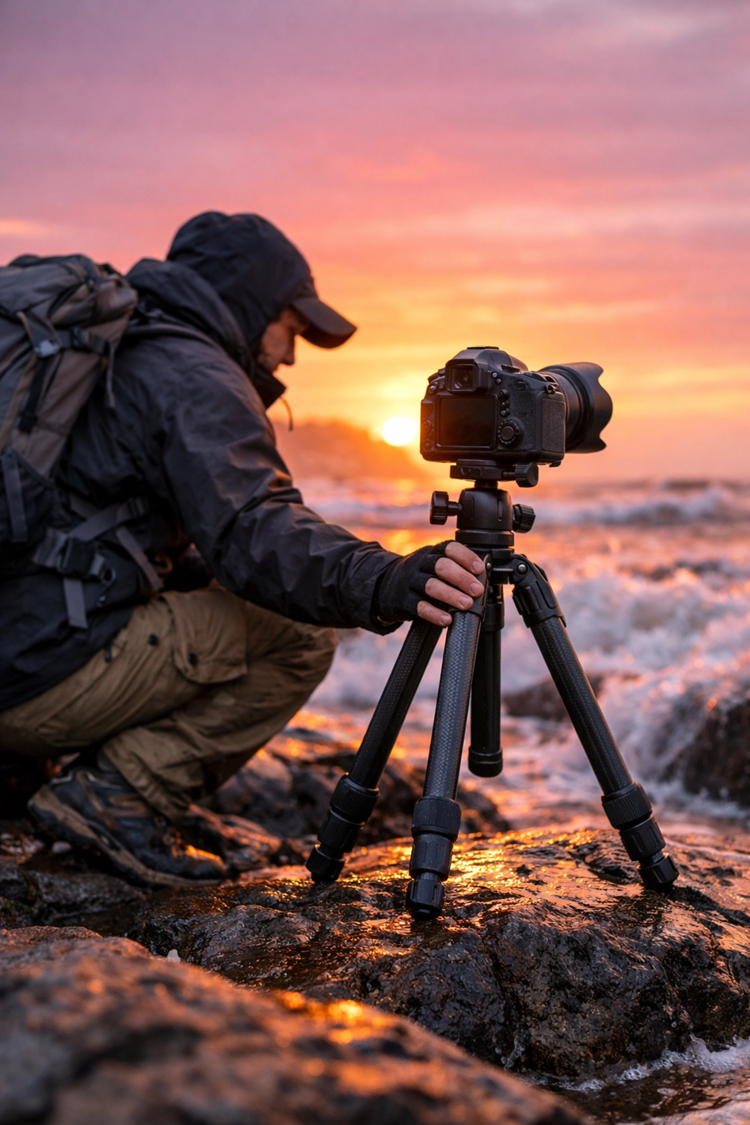 Photographer setting up a tripod on a rocky coast for landscape photography at sunrise.