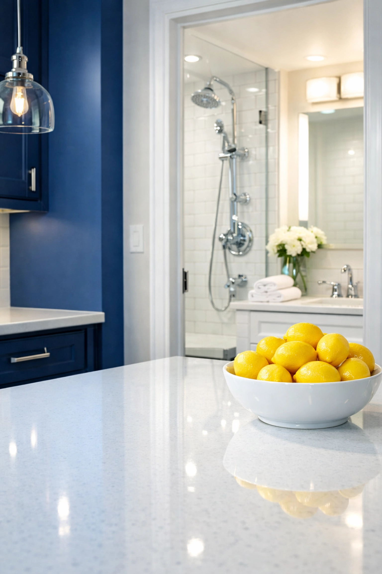 Detailed view of a deep cleaned apartment kitchen and bathroom with sparkling quartz and tiles.