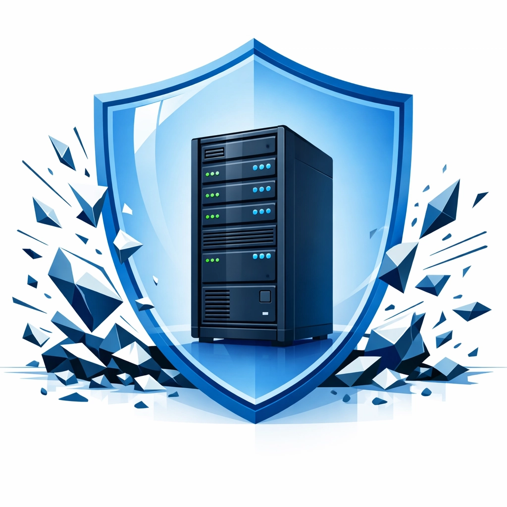 A blue shield protecting a server from crashes to illustrate proactive managed IT services.
