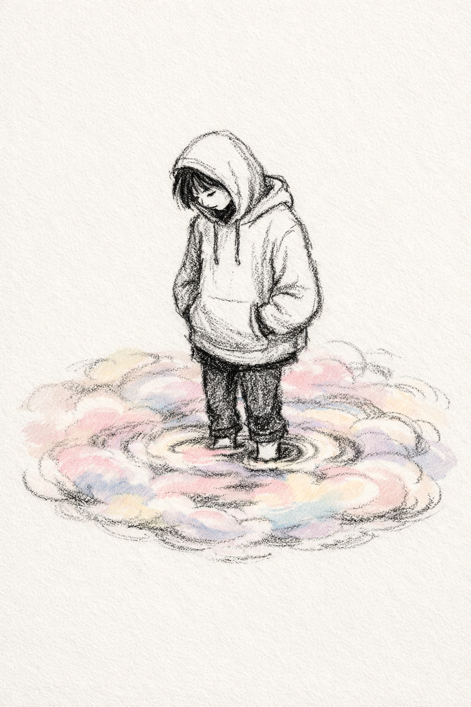 Sketch of a person standing in clouds, representing feeling stuck in depression recovery.