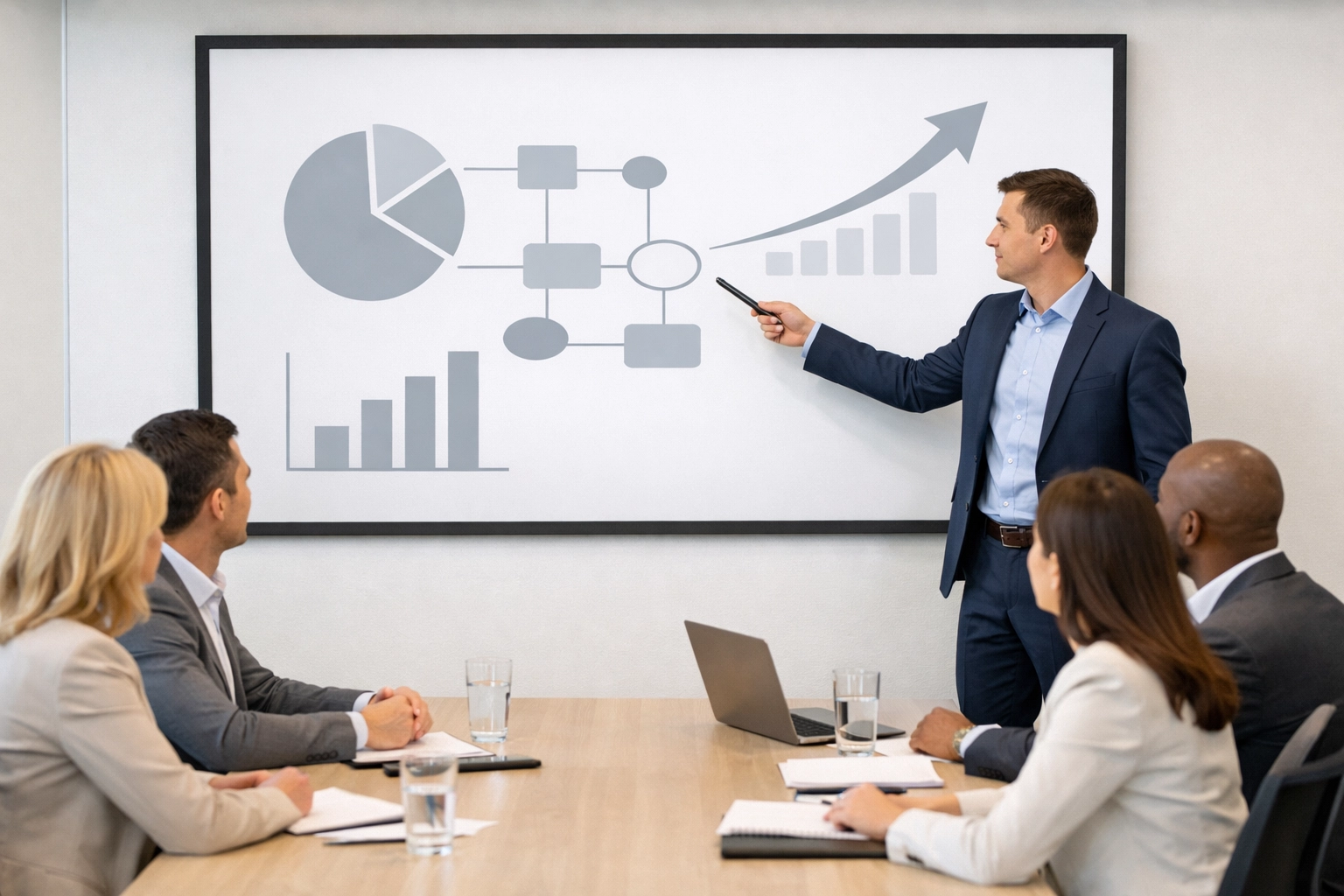 Business growth strategy meeting with a presentation in a conference room