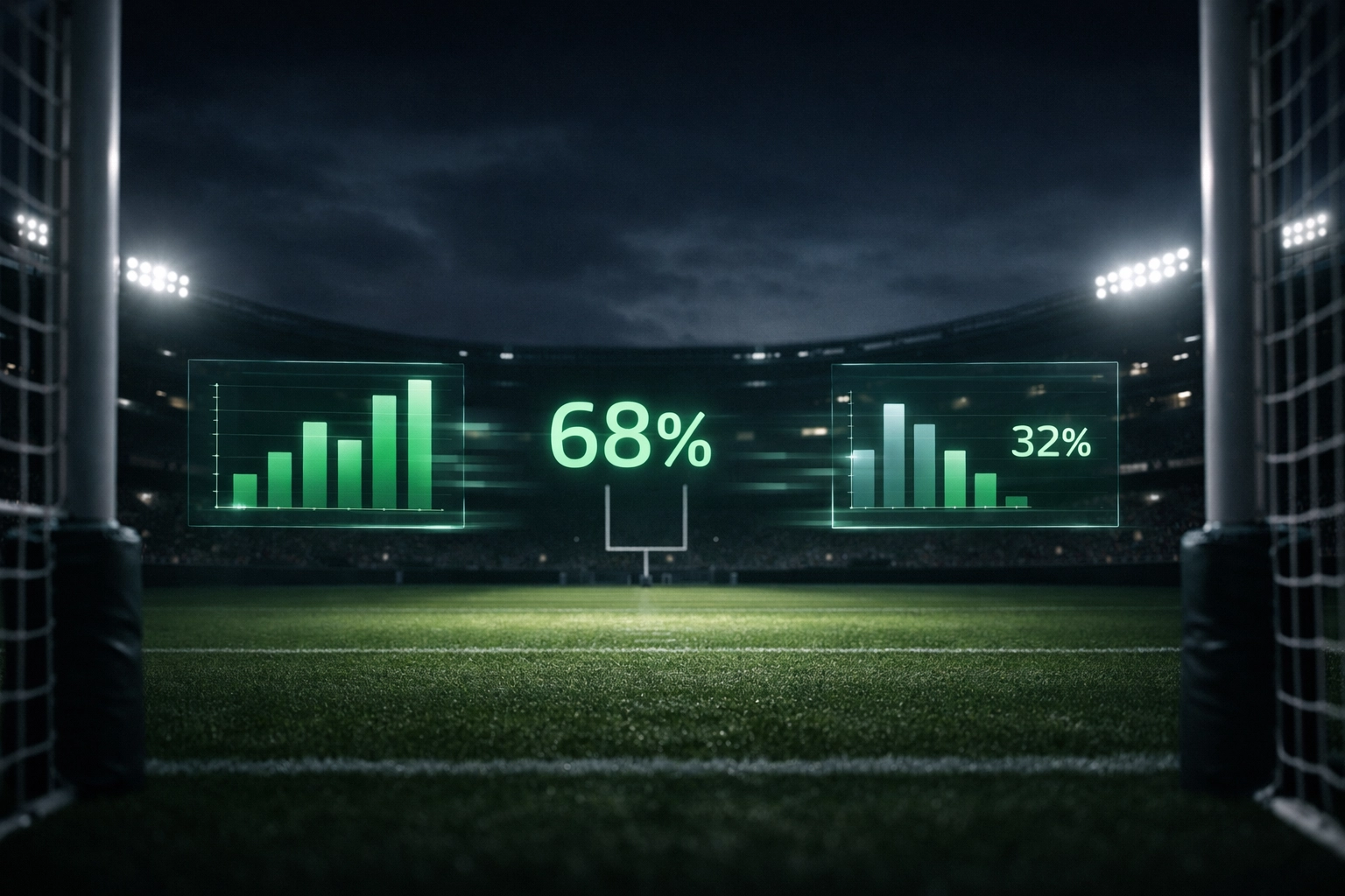 Football stadium with holographic AI data panels analyzing real-time betting probabilities