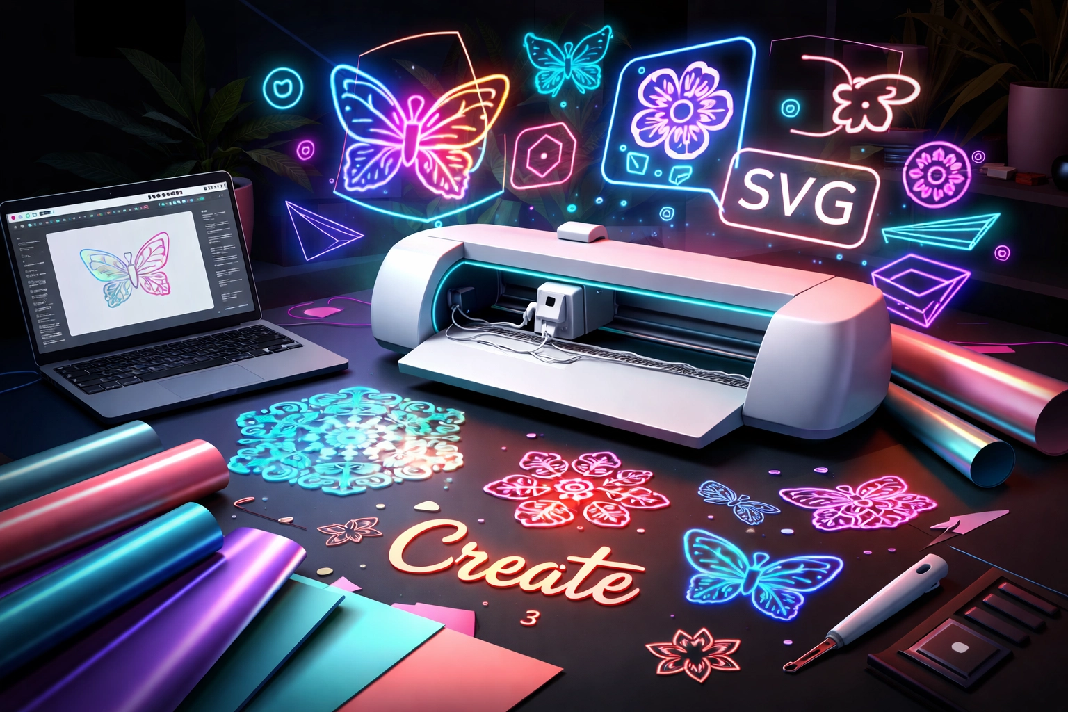 Creative workspace with cutting machine, laptop, and SVG bundle design elements for crafting projects