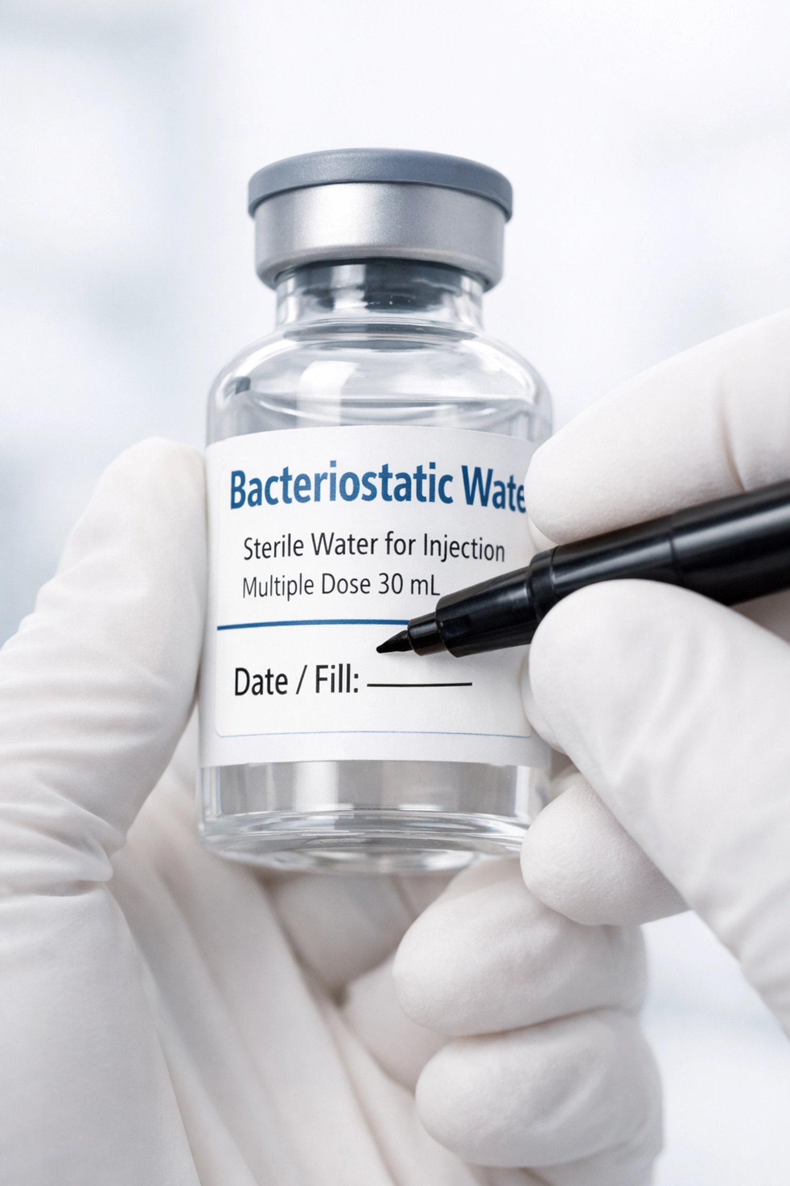 Researcher marking the expiration date on a bacteriostatic water vial to ensure safety for research peptides.