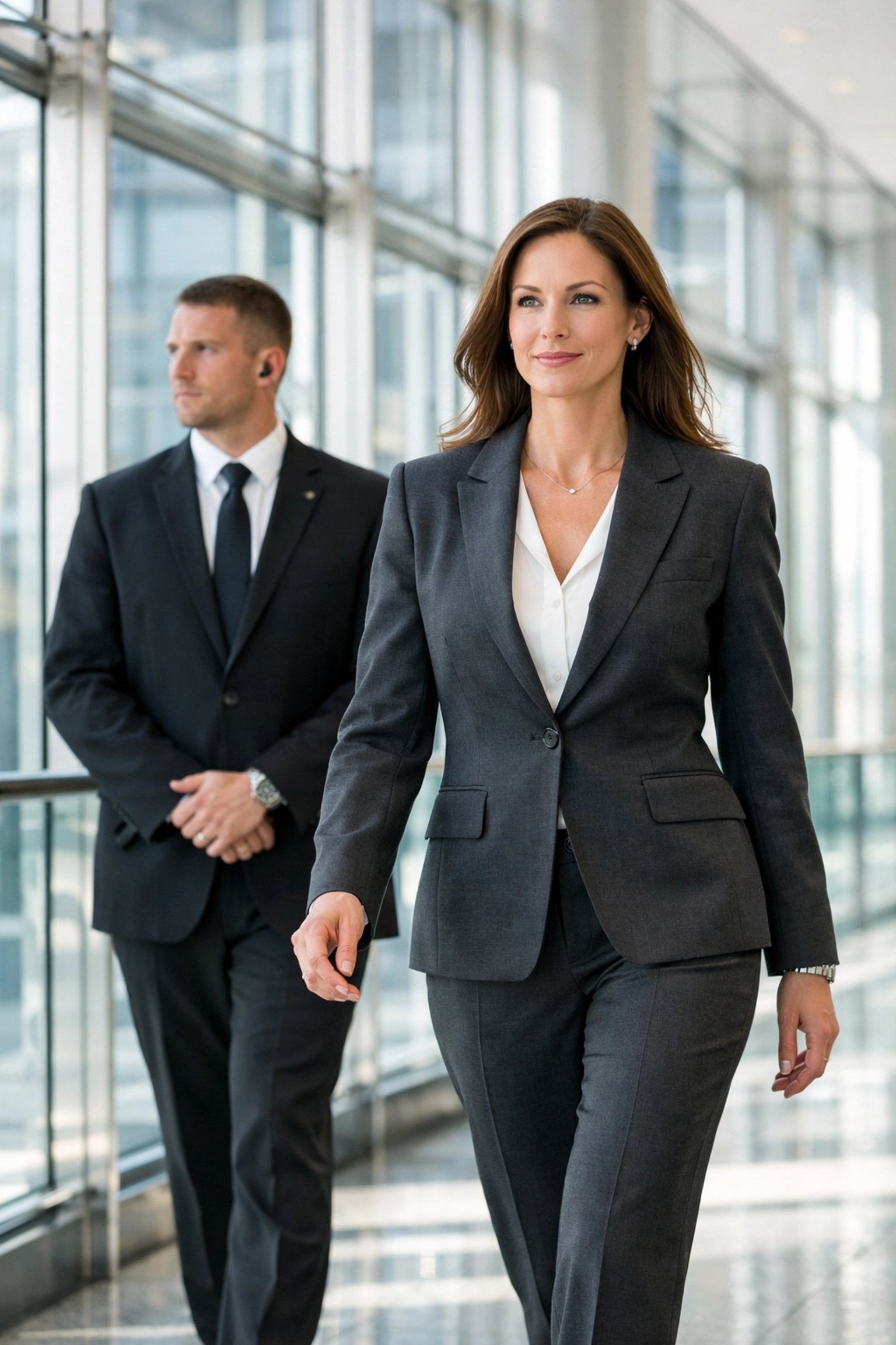 A high-level executive walking with professional security, ensuring safe Super Bowl corporate hosting.