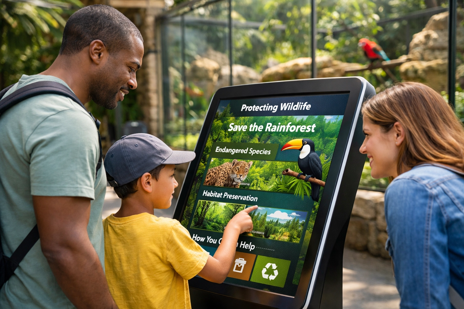 A family interacts with a high-tech digital kiosk showing conservation content at a modern zoo.