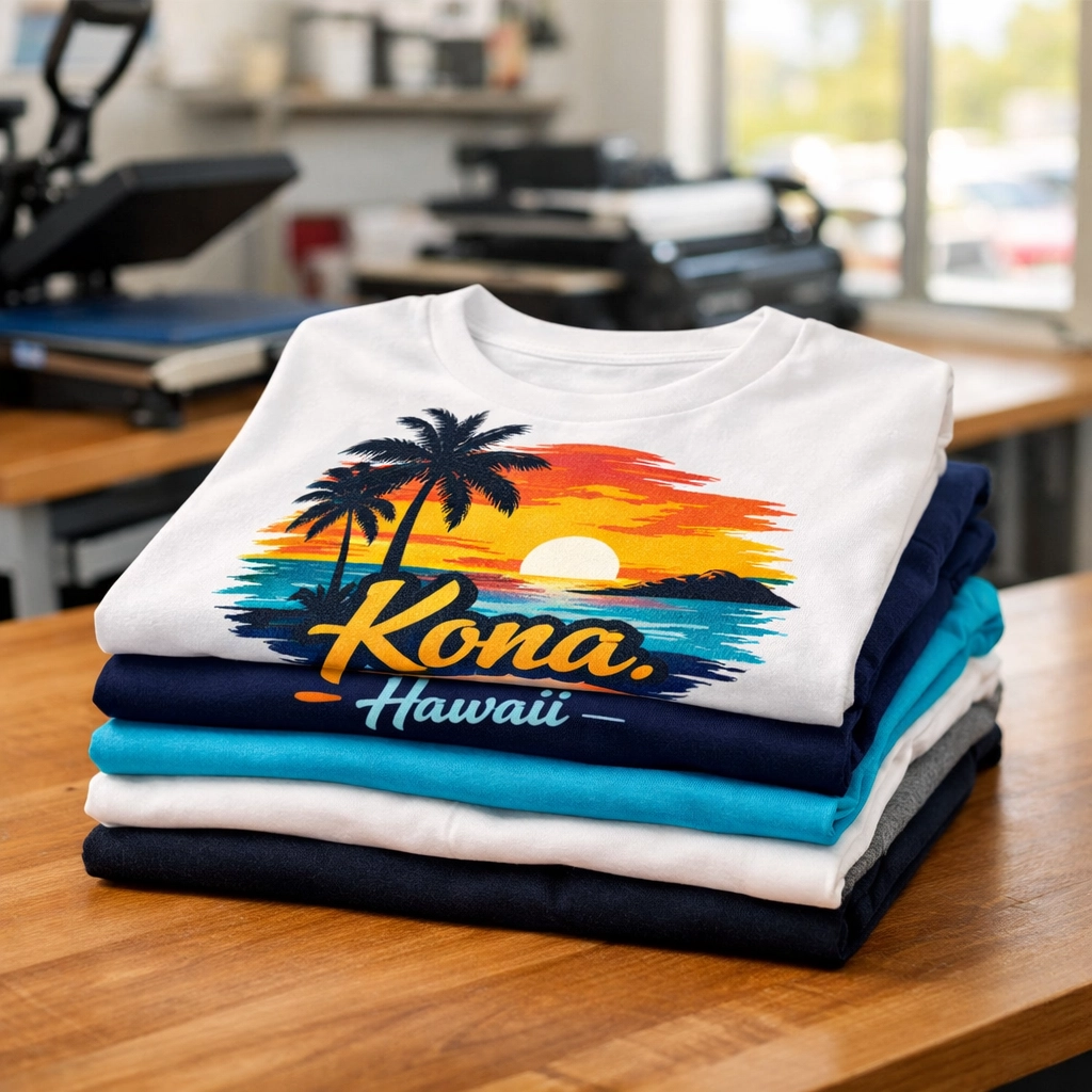 Small batch custom t-shirts stacked in Kona print shop showing flexible minimum orders