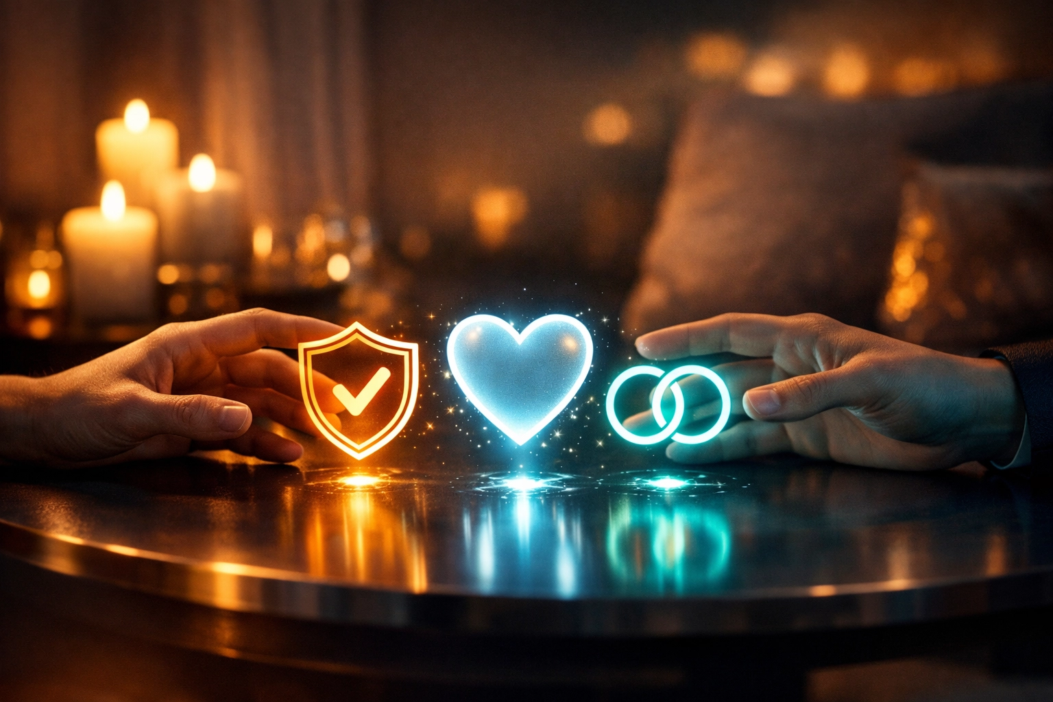Two hands connecting with symbols of trust and intimacy in dating relationships