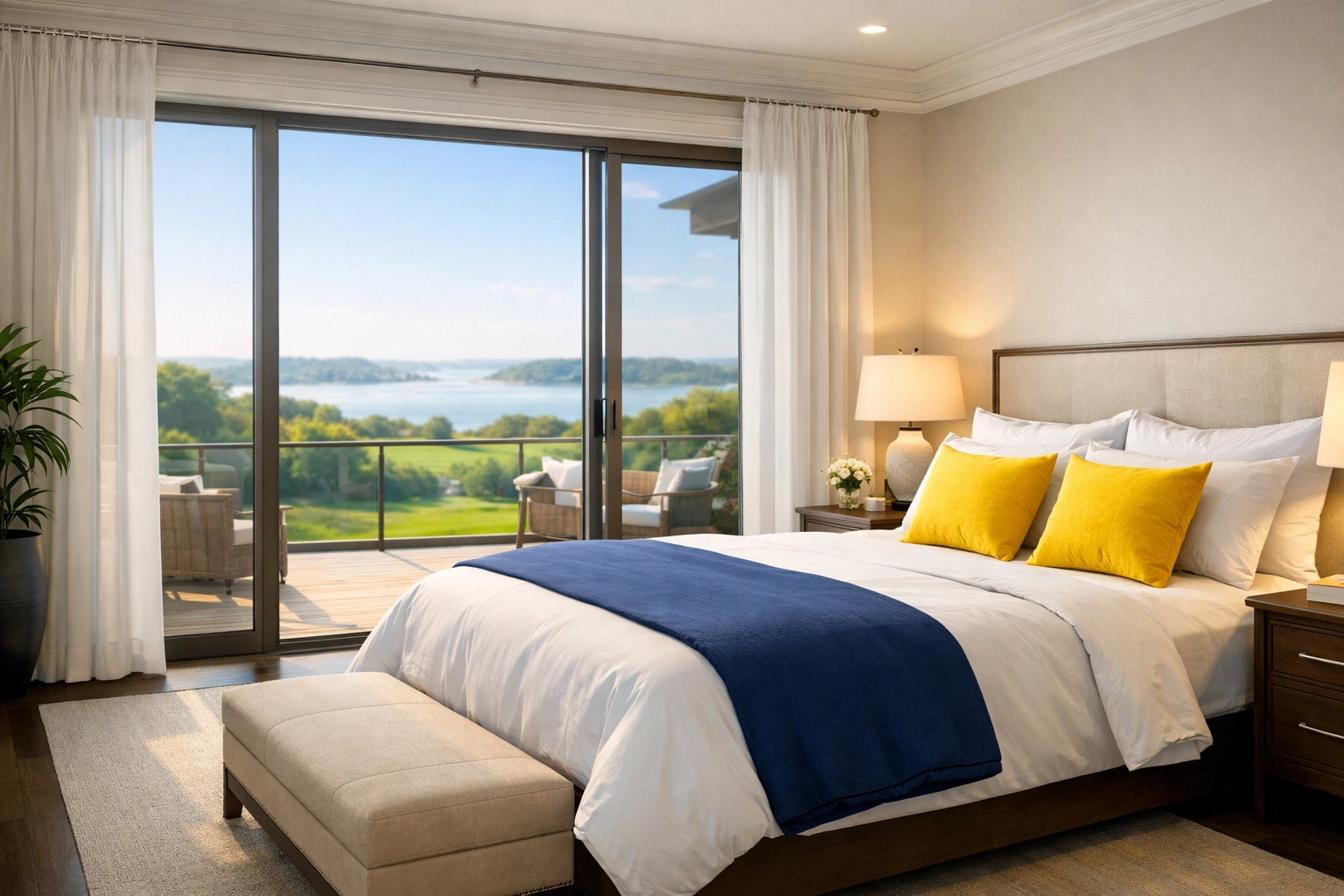 Pristine Hingham luxury bedroom with views of World’s End, highlighting professional residential cleaning.