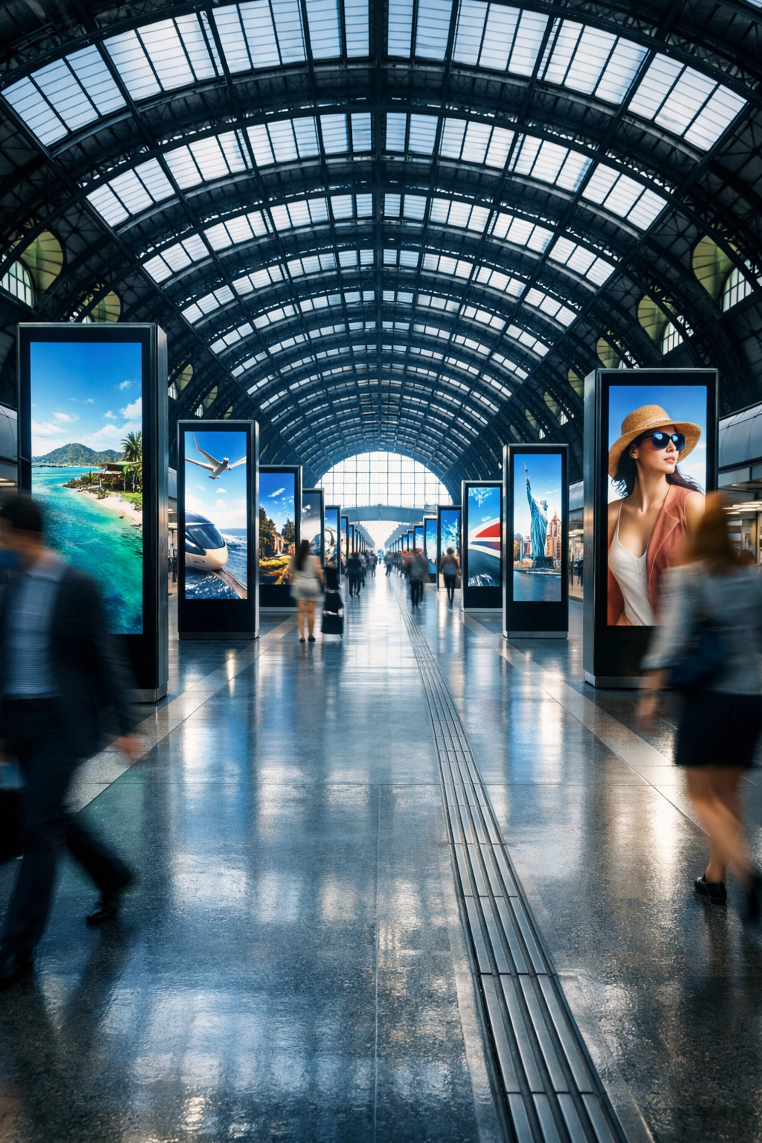 Digital advertising pillars in a Milan train station demonstrating RAMM’s global DOOH reach.
