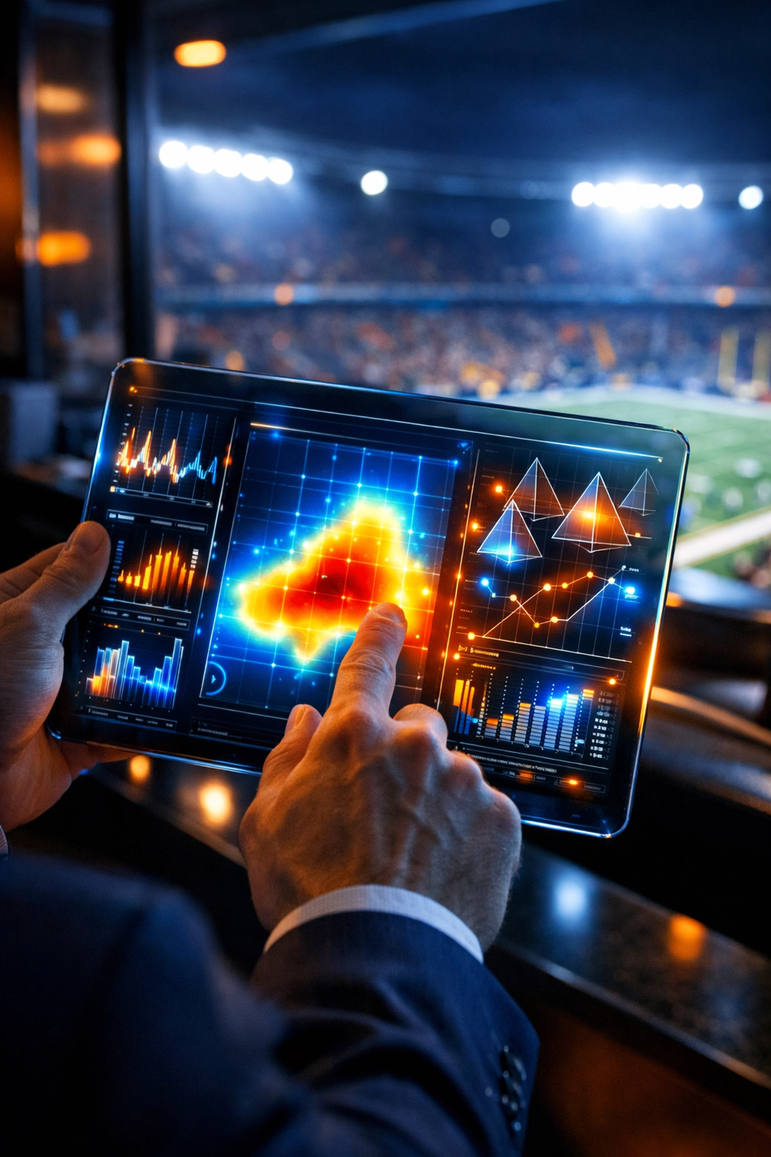 Sports marketing professional analyzing NIL campaign data and analytics on a tablet in a stadium suite.