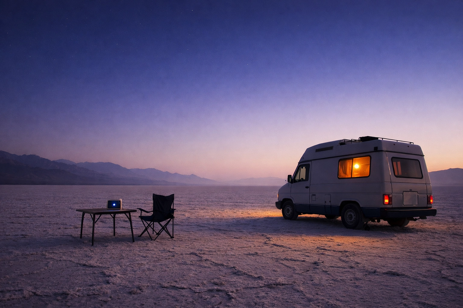 Camper van parked in the desert at twilight using a portable wifi hotspot for reliable RV wifi anywhere.