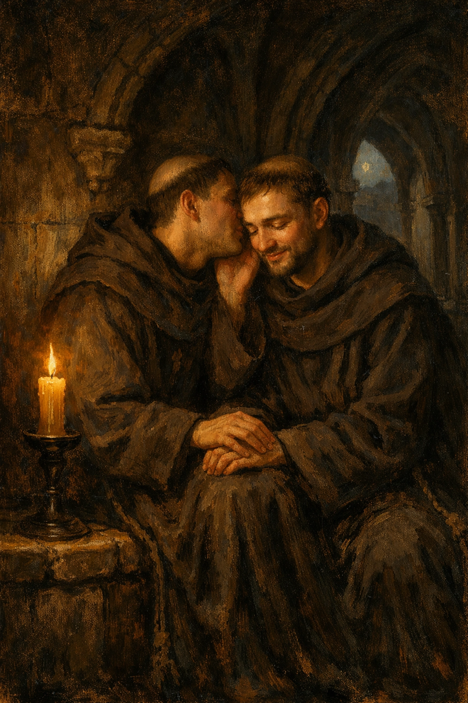 Medieval monks sharing an intimate moment of spiritual friendship in a candlelit gothic cloister.
