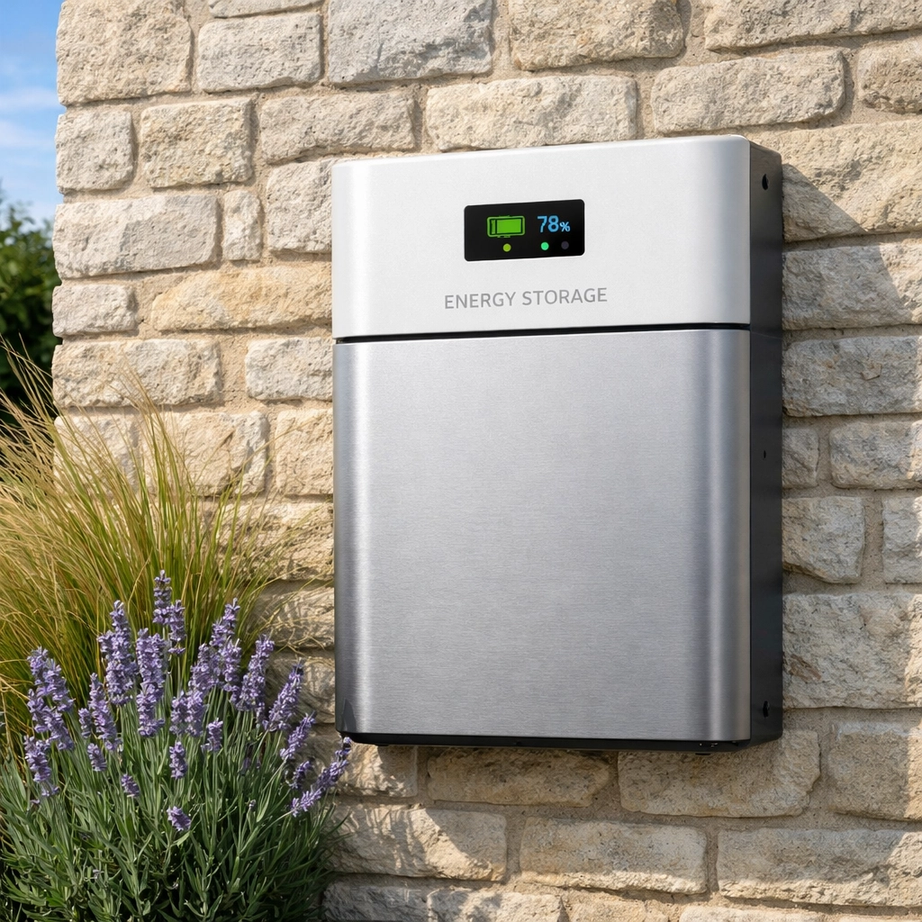 Durable home battery storage system mounted on a Dorset stone wall, built for coastal weather in Bournemouth.