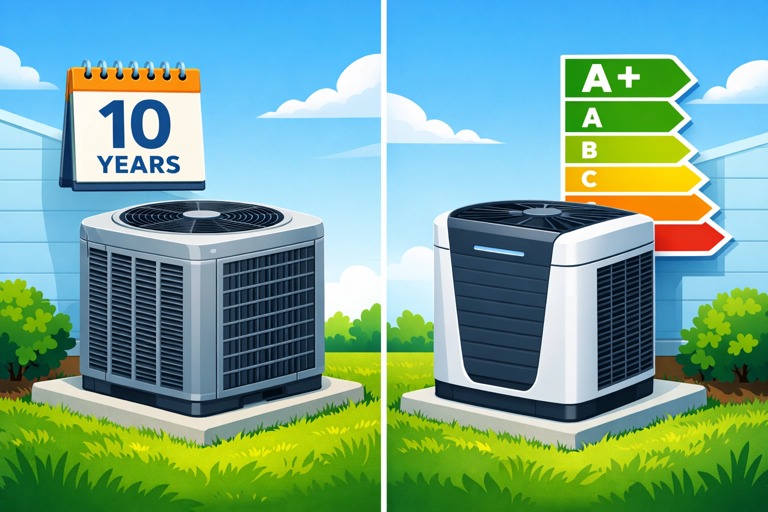 Comparison of older AC unit versus new energy-efficient air conditioner system