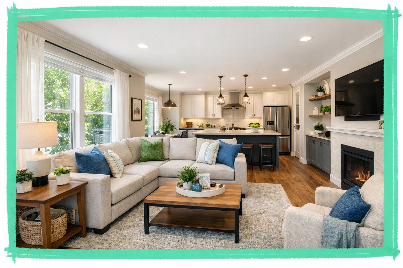 Cozy townhome living room showing efficient 1,400 square foot layout