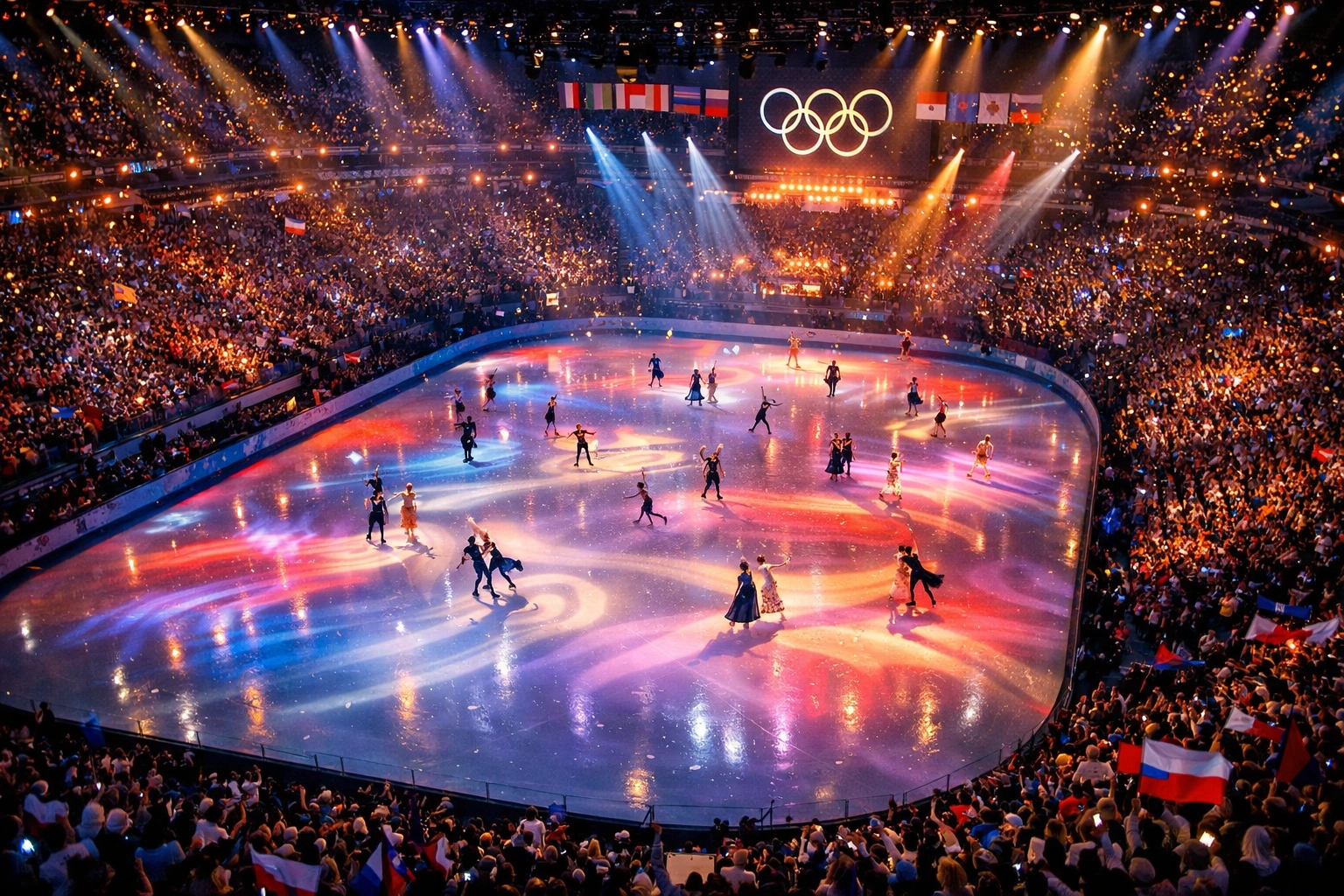 Winter Olympics closing ceremonies with figure skaters performing on illuminated ice rink