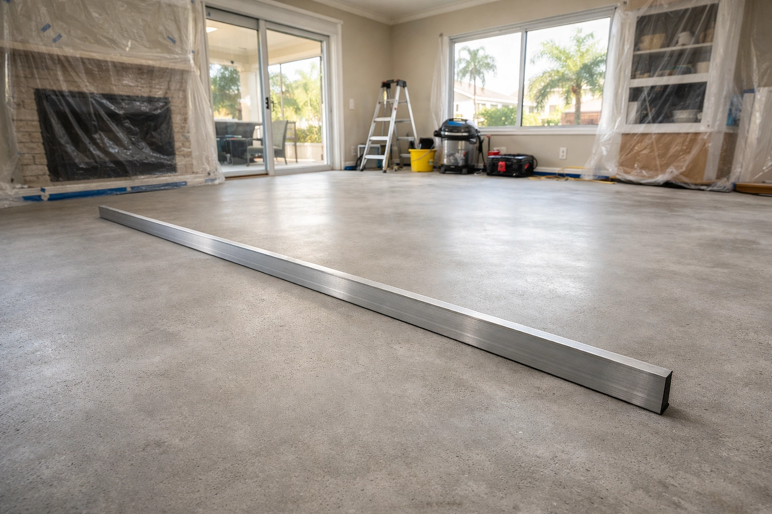 Orlando remodeling experts preparing a level concrete subfloor for high-quality tile installation.