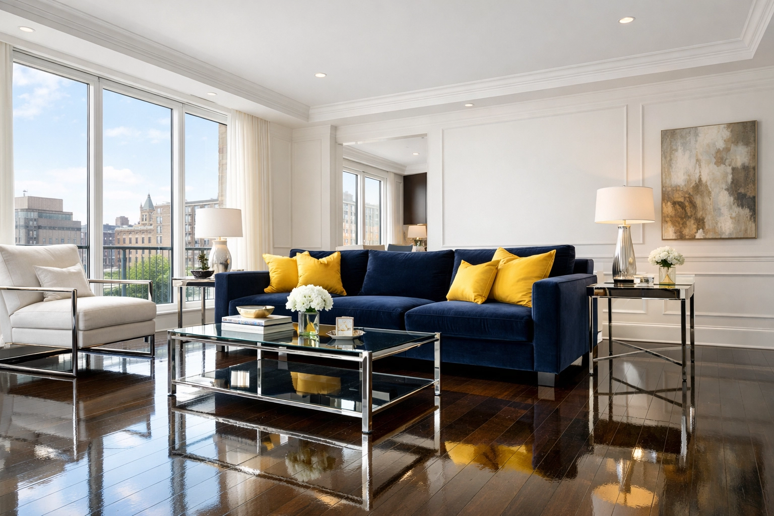 Spotless luxury living room in a Worcester apartment cleaned by professional maid services.