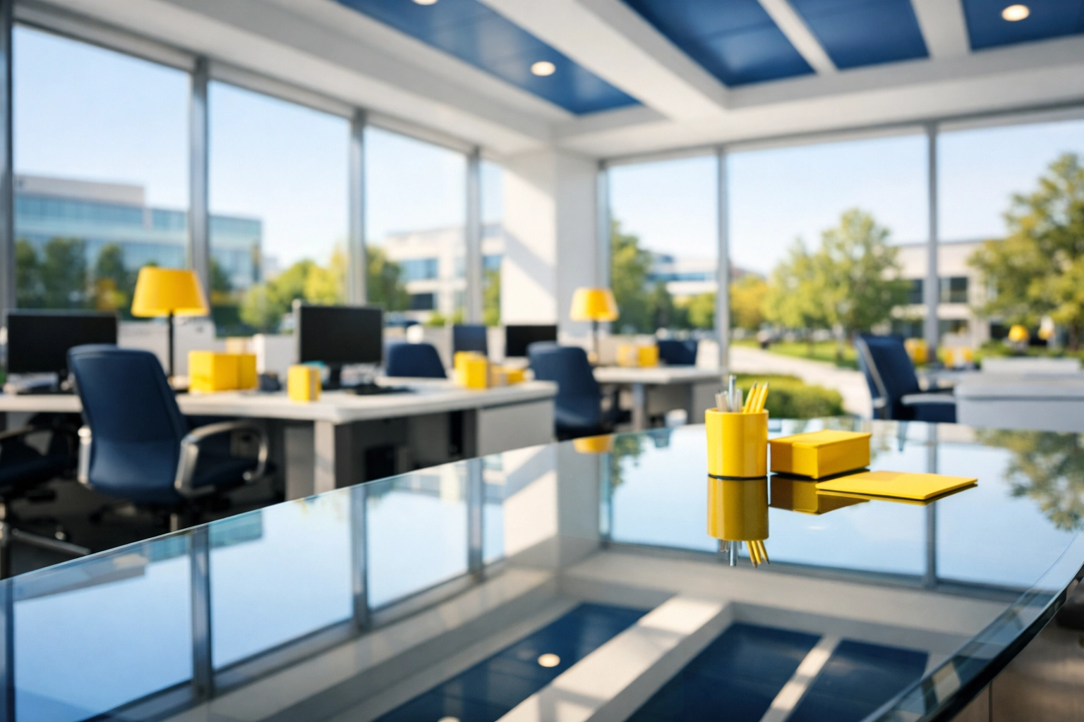 Clean open-plan office in Needham with a spotless glass table, reflecting professional janitorial services.