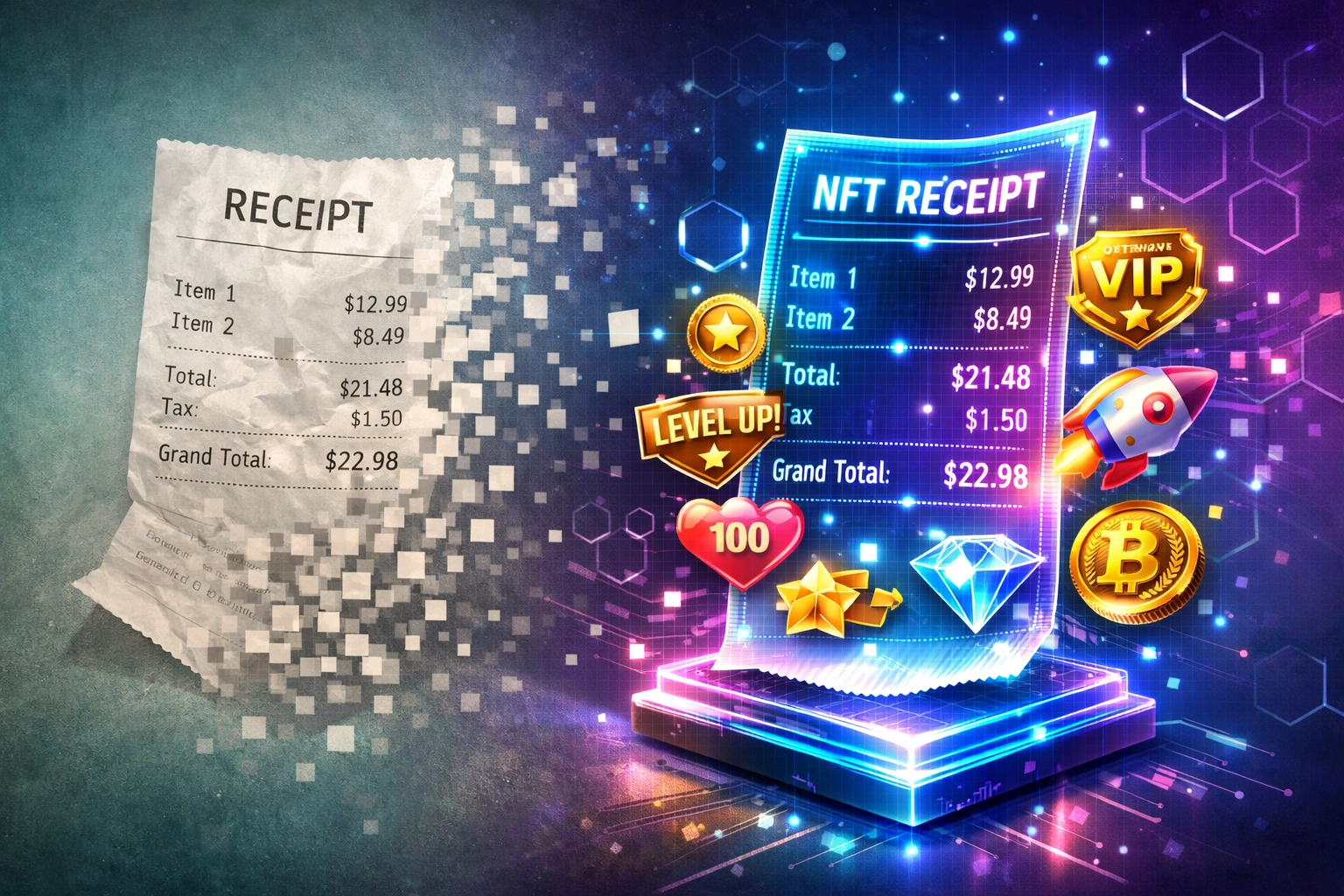 Traditional paper receipt transforming into NFT blockchain receipt with loyalty features