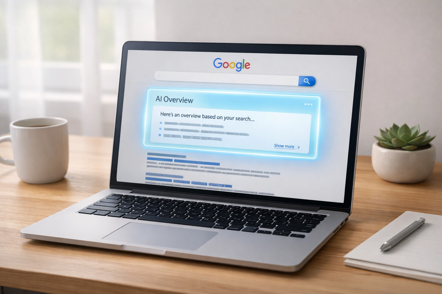 Laptop displaying Google AI Overview box at top of search results for Round Rock business