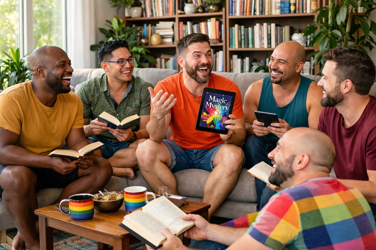 A diverse gay book club discussing MM romance novels and LGBTQ+ fiction in a cozy, modern living room.