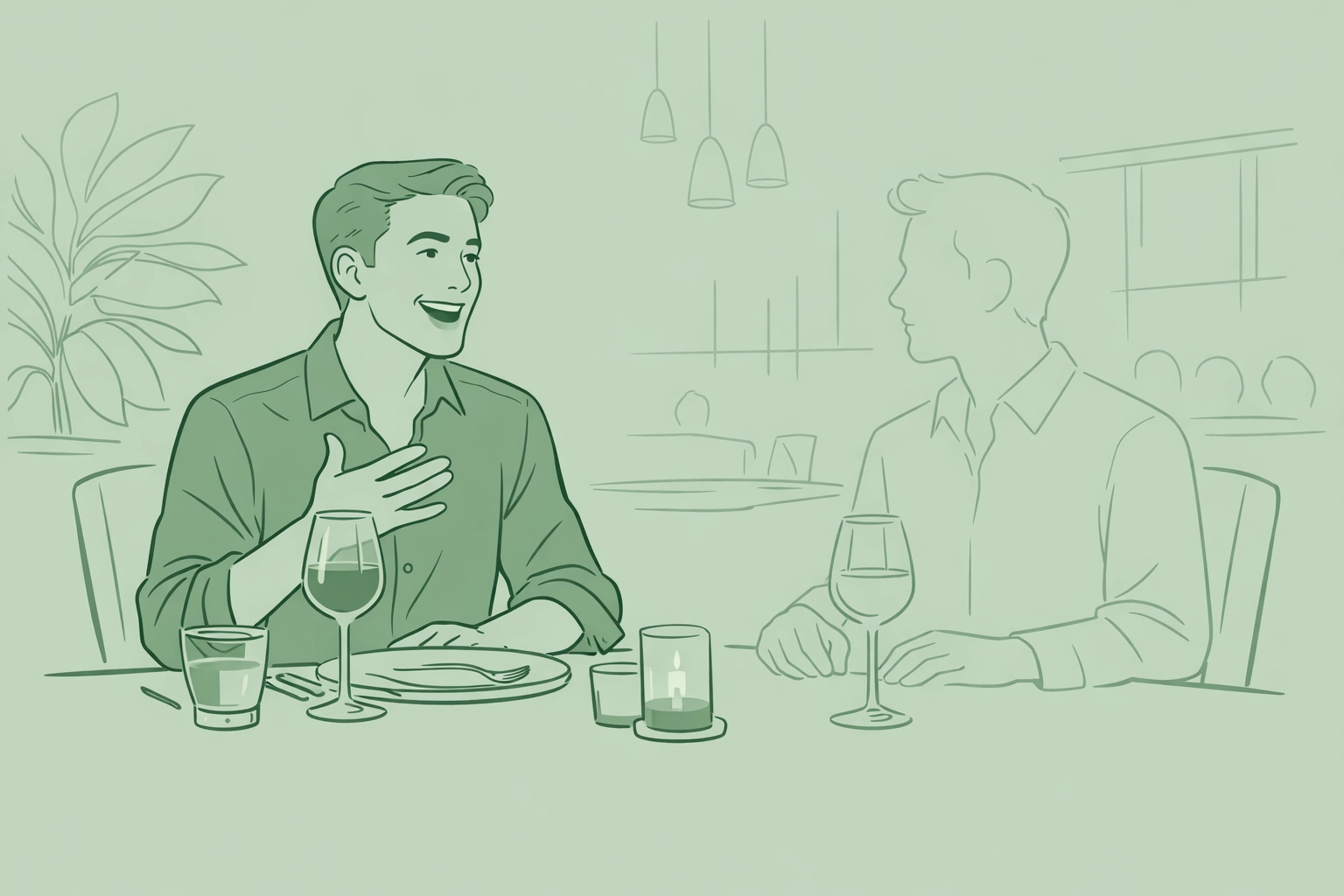 Two gay men at restaurant date showing one-sided conversation and emotional disconnect