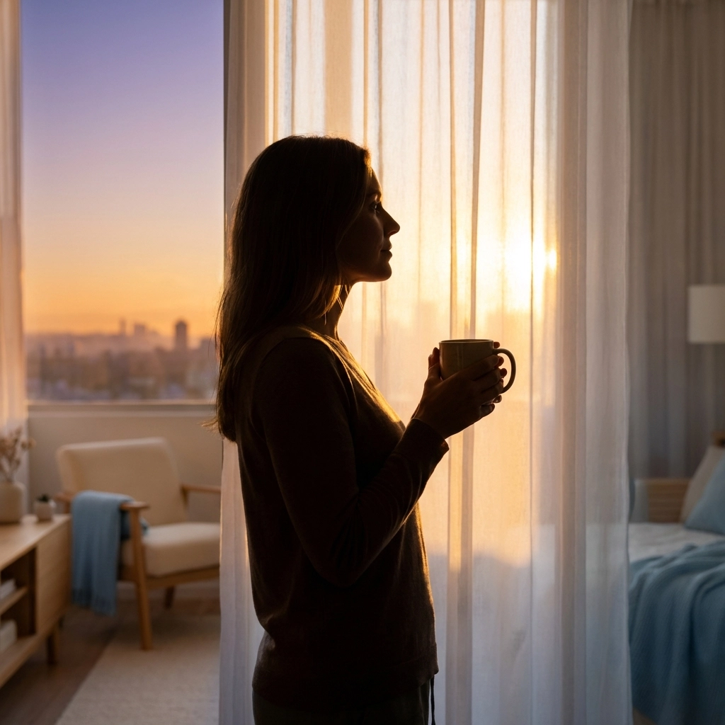 Woman at sunrise looking out a window, symbolizing hope and freedom from addiction in Florida transitional housing.
