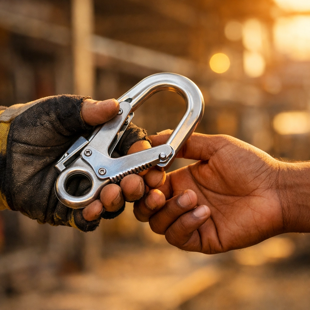 Workers sharing safety harness equipment demonstrating teamwork and workplace protection