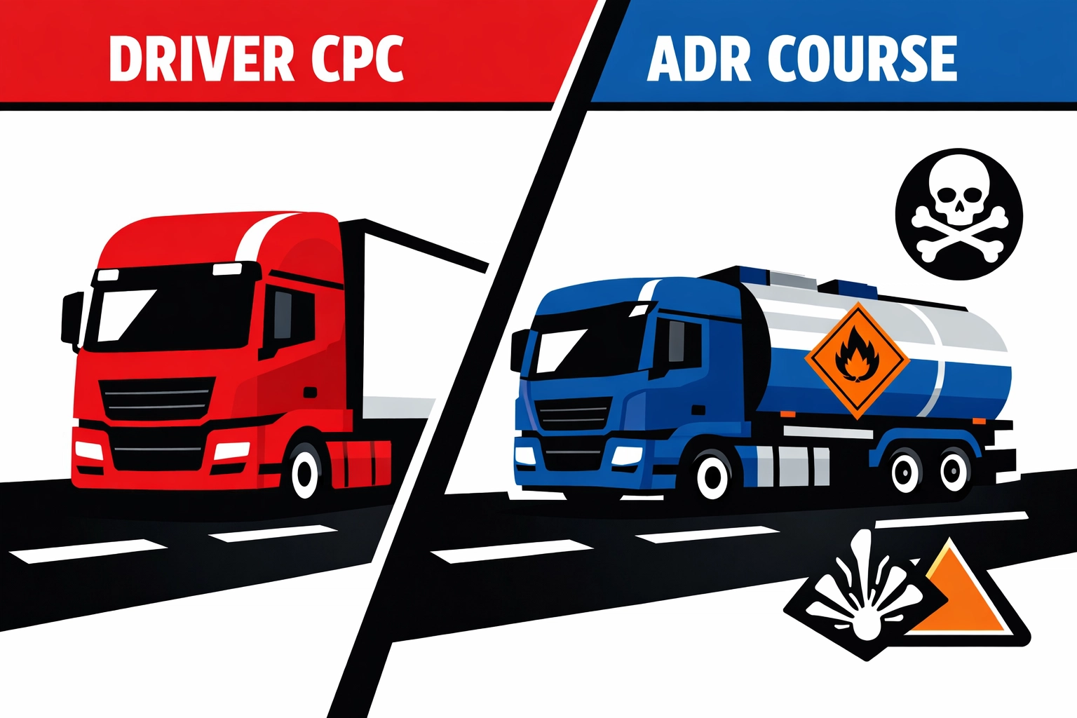 Illustration of an HGV truck and a fuel tanker representing Driver CPC and ADR training options.