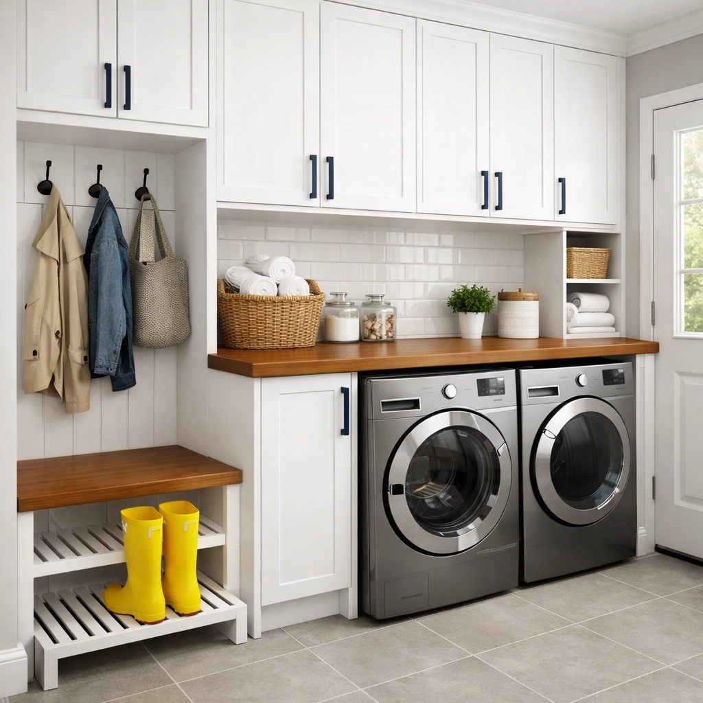 Organized laundry room and mudroom with white cabinets, part of a high-efficiency spring cleaning plan.