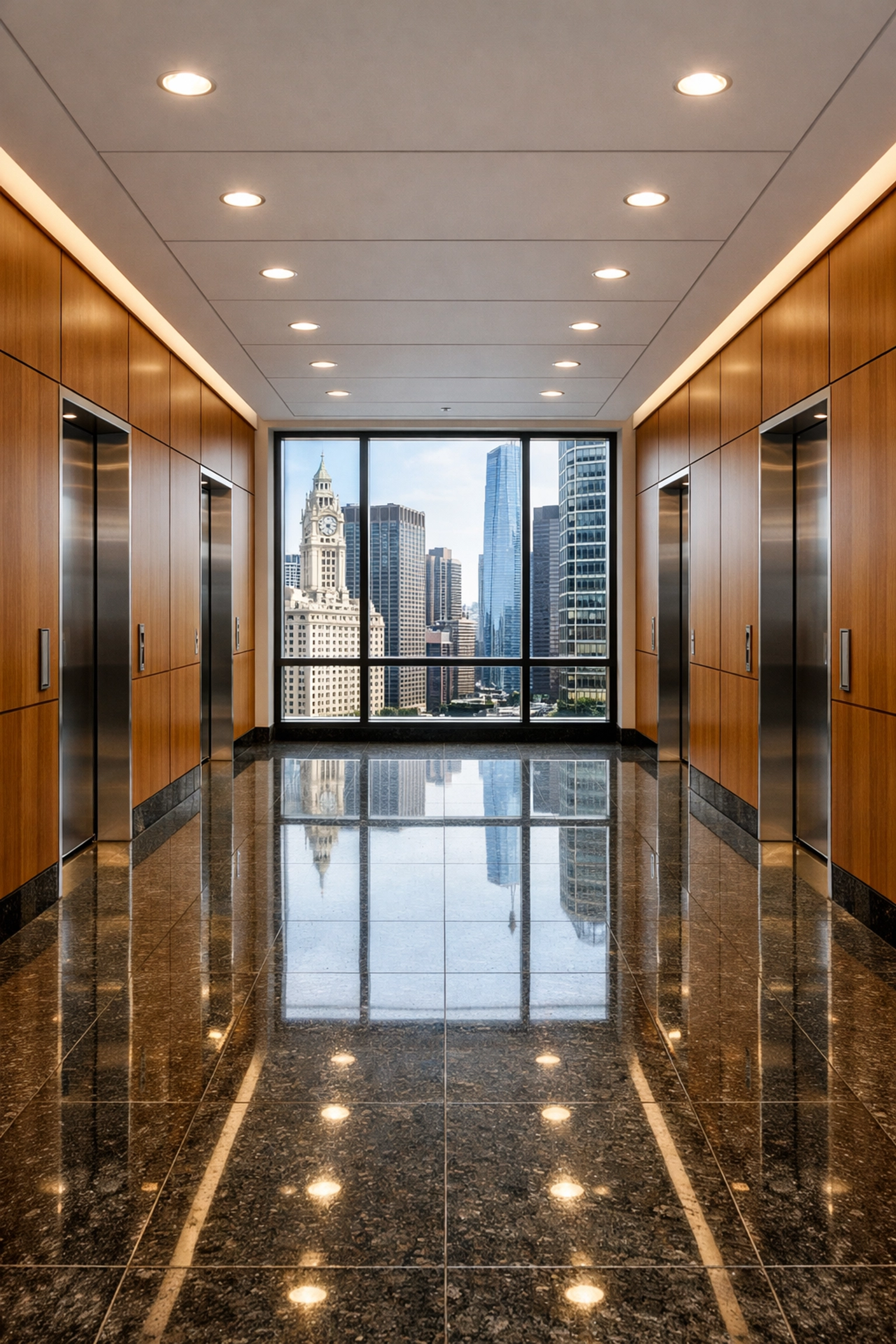 Well-maintained modern office corridor in Chicago highlighting professional property asset preservation.