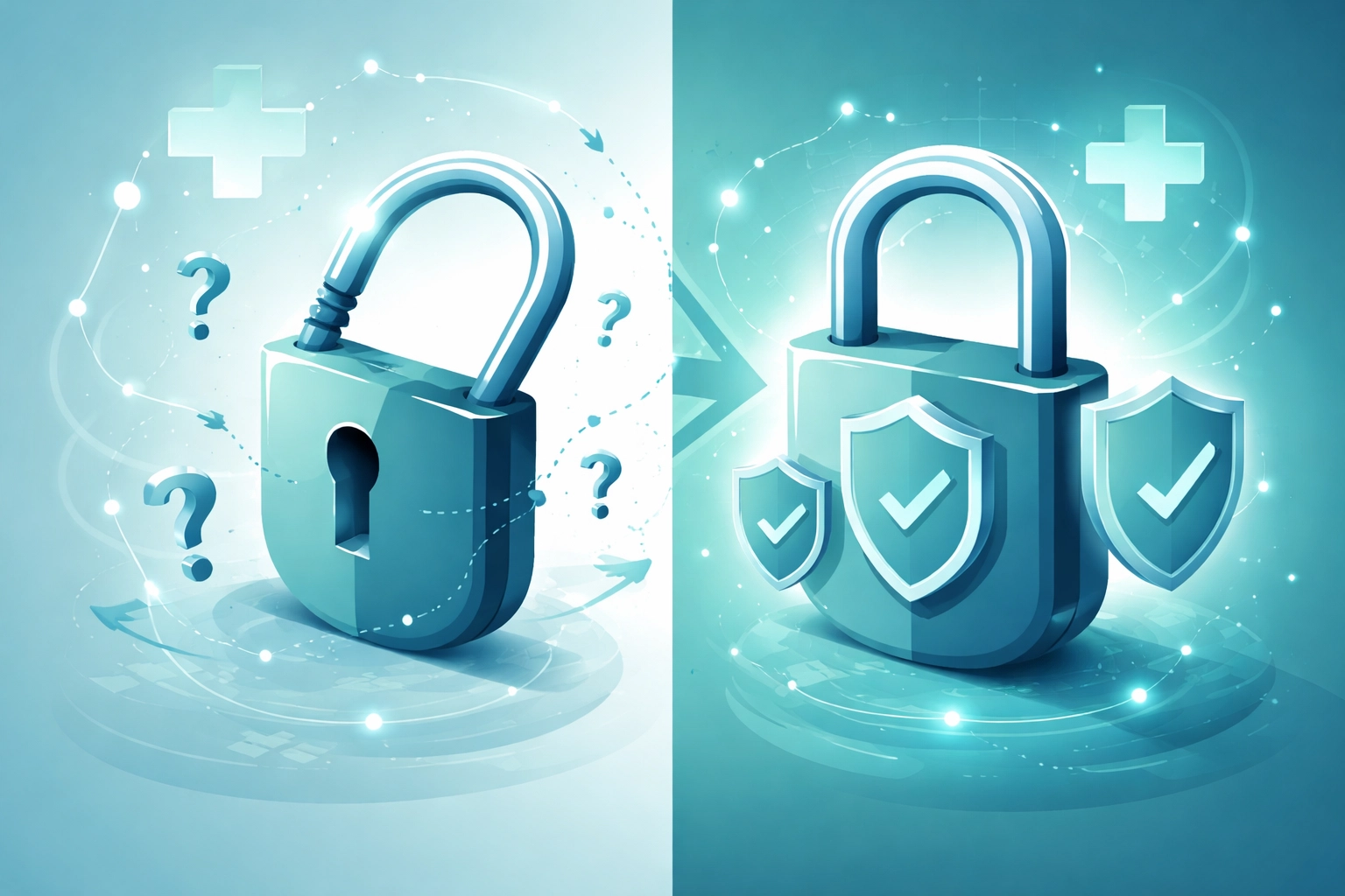 Visual metaphor of HIPAA security standards shifting from flexible to mandatory with a padlock and healthcare symbols