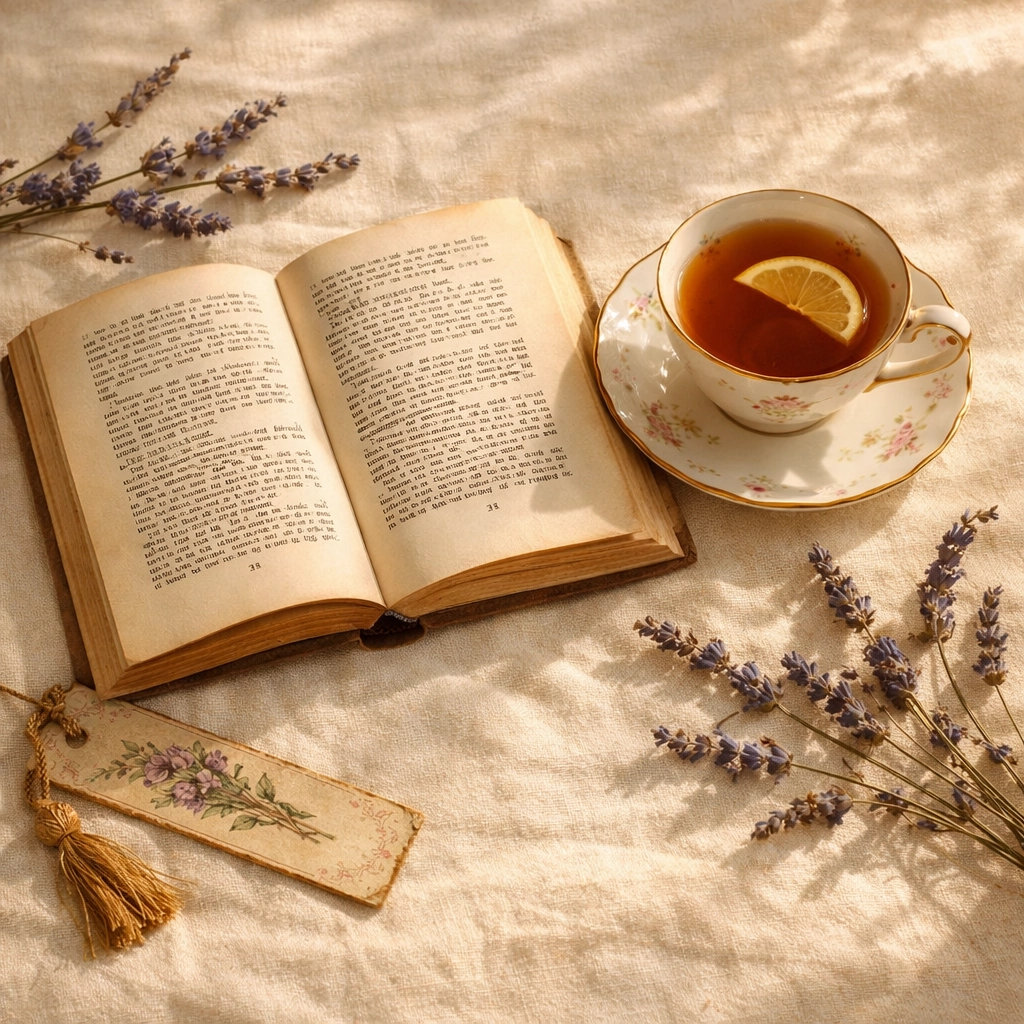 Earl Grey tea in porcelain cup beside open classic novel with lavender and vintage bookmark