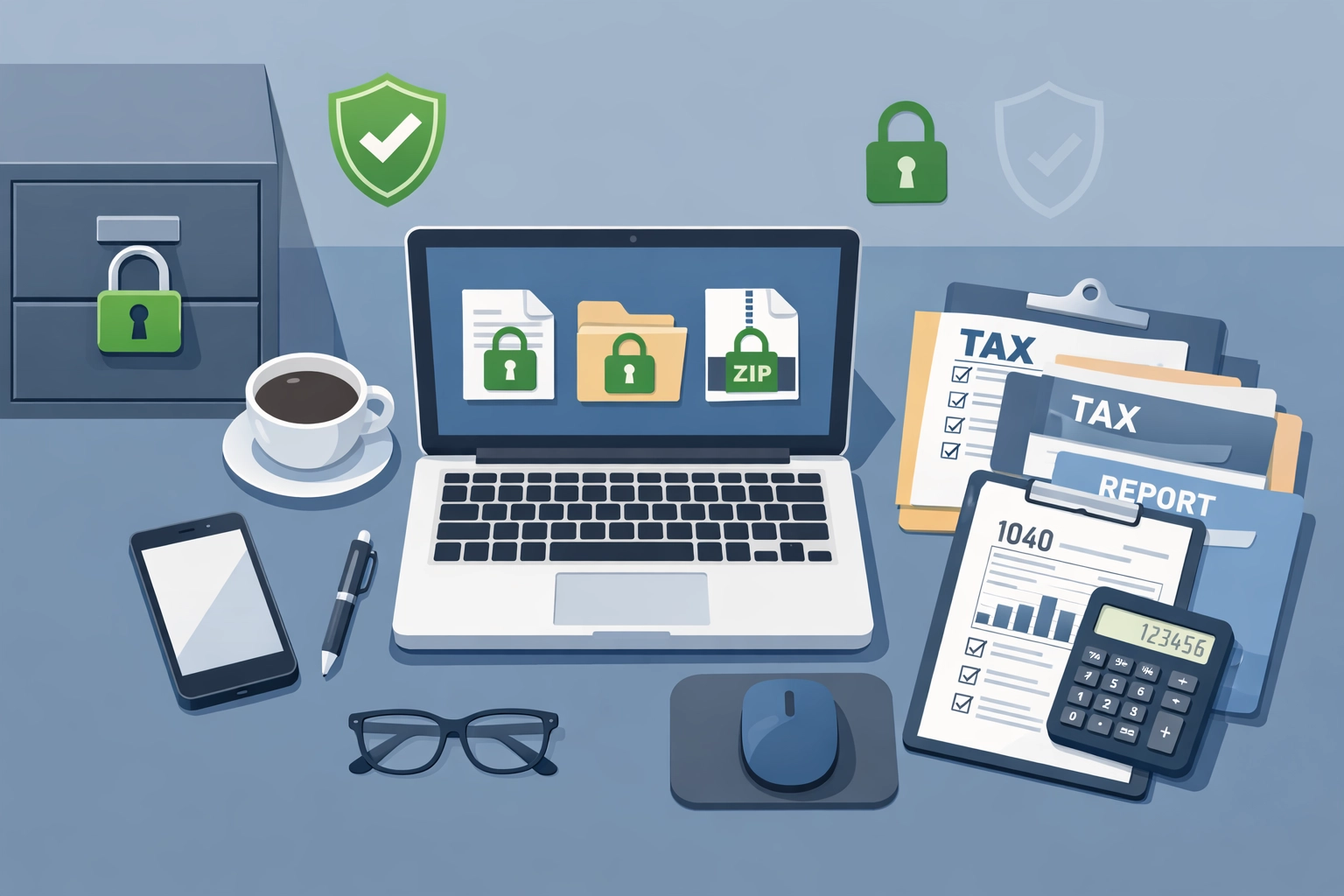 Organized tax workspace with encrypted laptop and secure document storage
