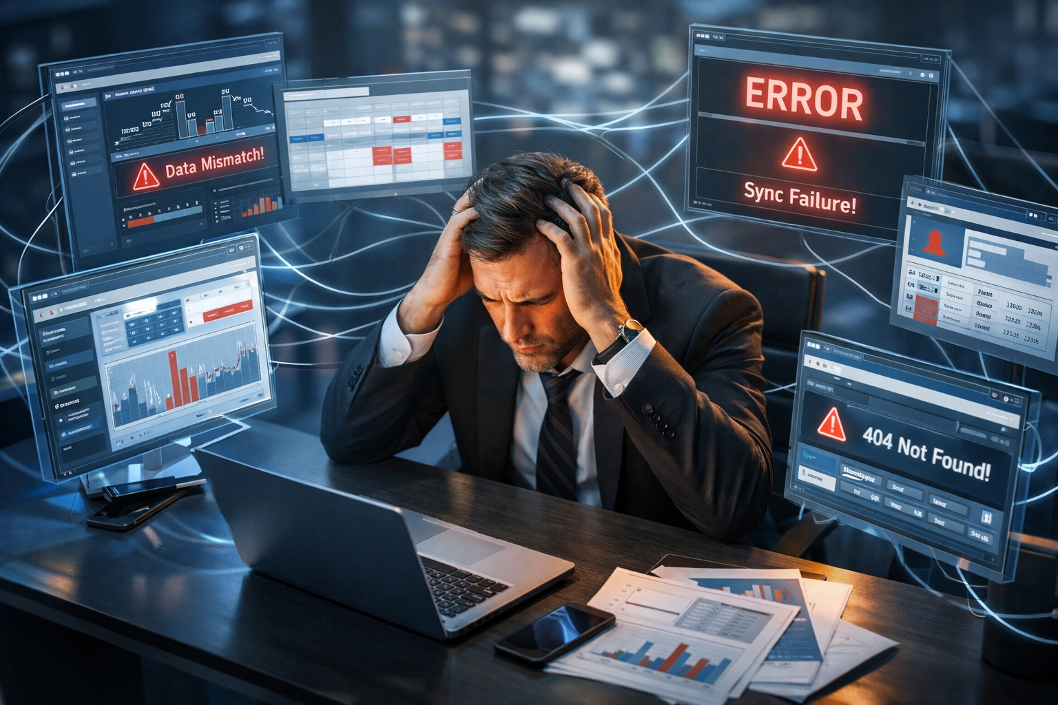 Why Smart SMBs Are Ditching Cookie-Cutter Software for Custom Solutions in 2026 2 Business owner overwhelmed by incompatible software interfaces and workflow limitations