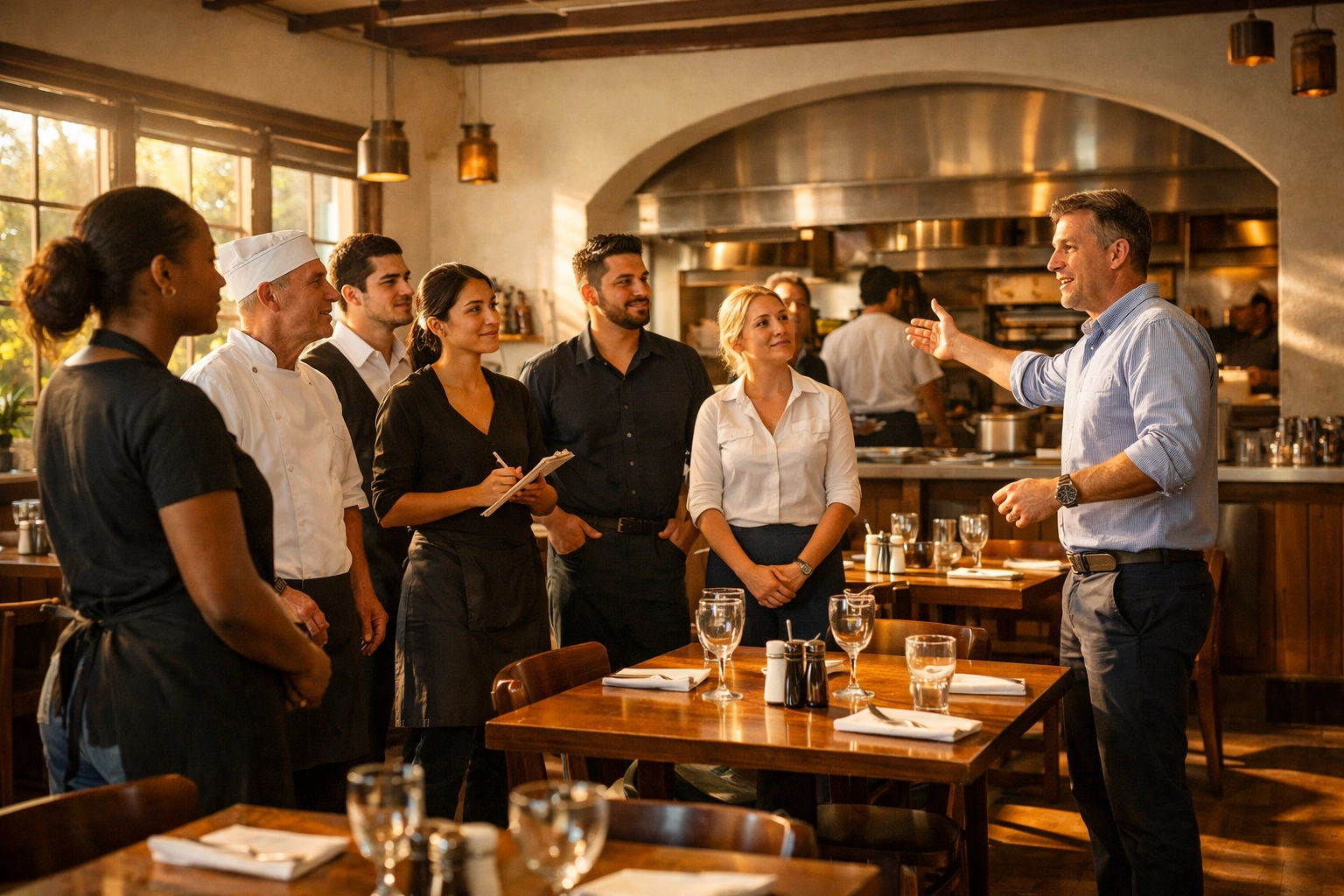 A diverse Bay Area restaurant team during a pre-shift meeting, focusing on staff retention and management.