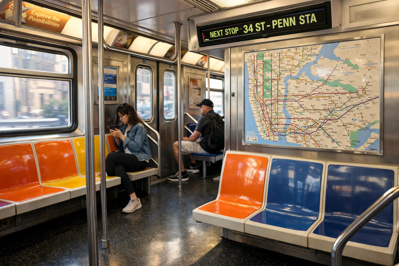 NYC subway interior showing clean trains for budget-friendly travel