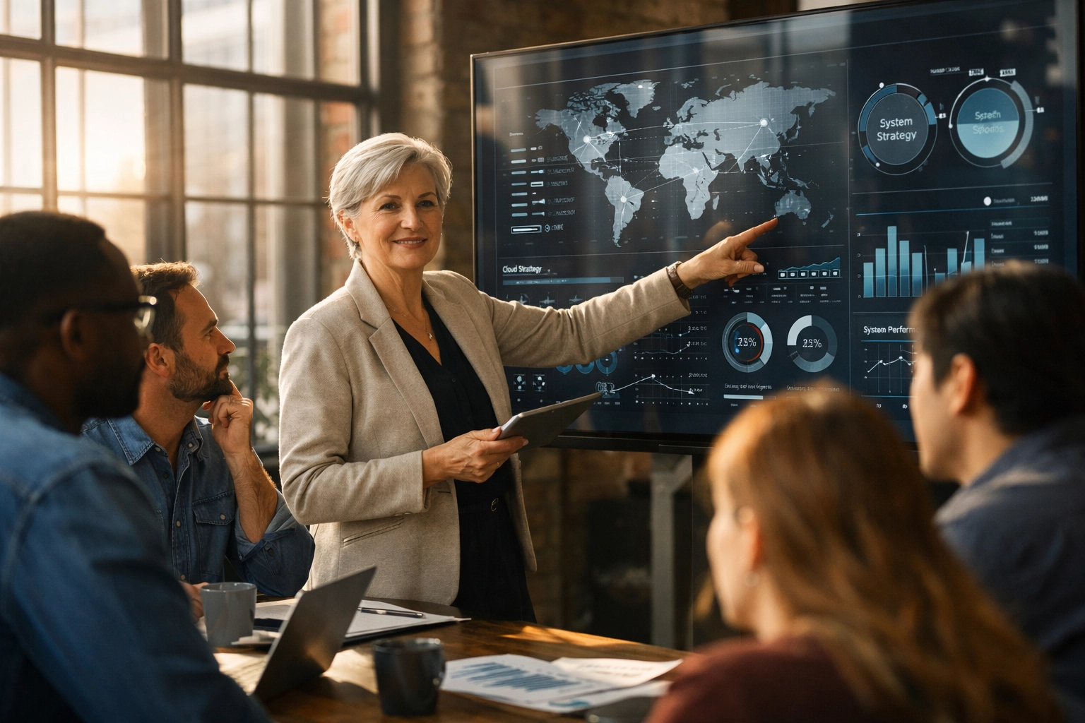 IT strategists collaborating with a ServiceNow implementation partner to optimize ITOM and ROI dashboards.