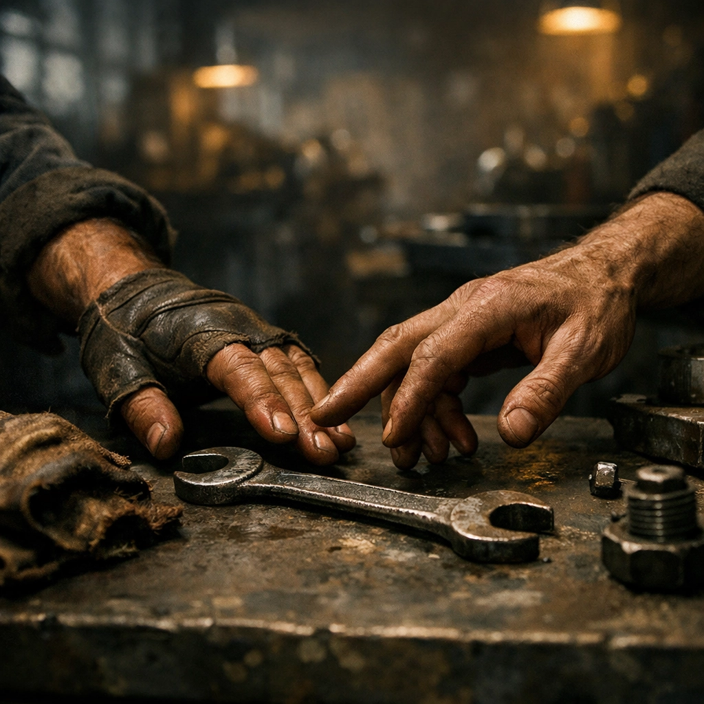 Two men's hands reaching for tools on WWII factory floor symbolizing hidden gay connection